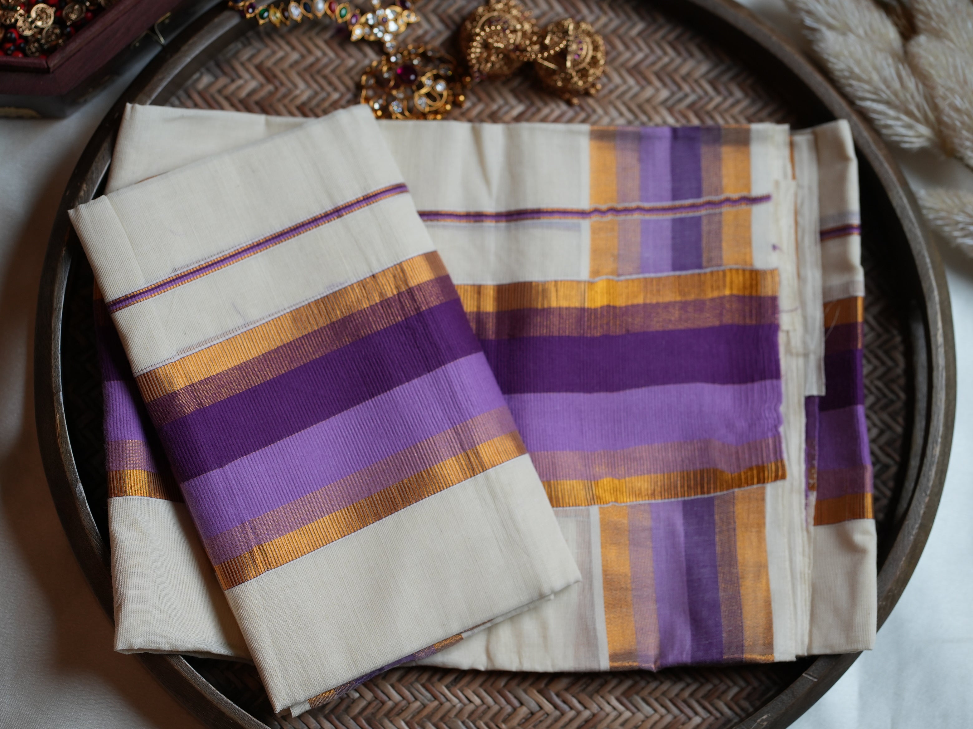 💜 Off-White Cotton Kerala Single Set Mundu with Regal Purple, Lavender & Gold Kasavu Borders ✨🌾