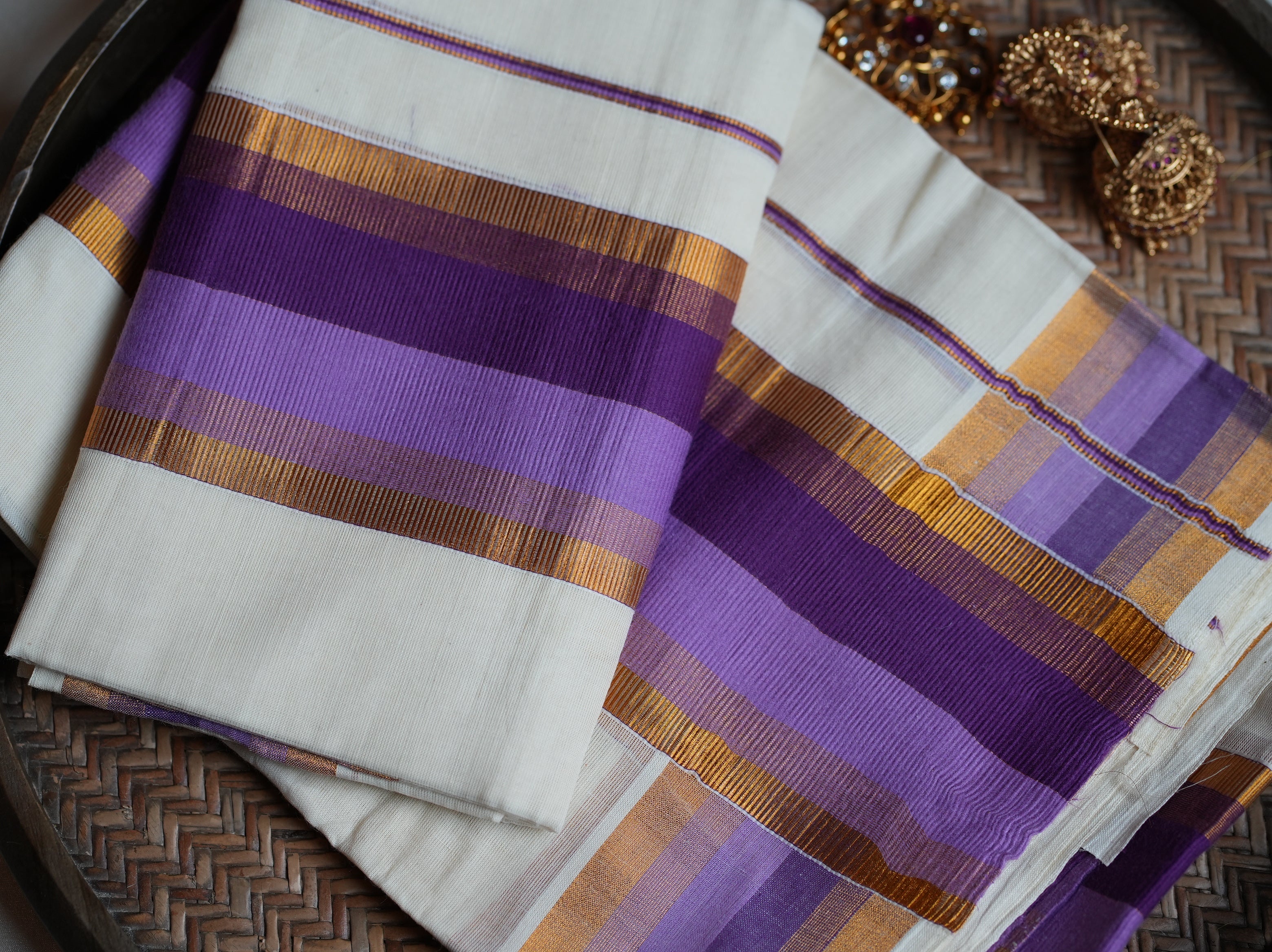 💜 Off-White Cotton Kerala Single Set Mundu with Regal Purple, Lavender & Gold Kasavu Borders ✨🌾