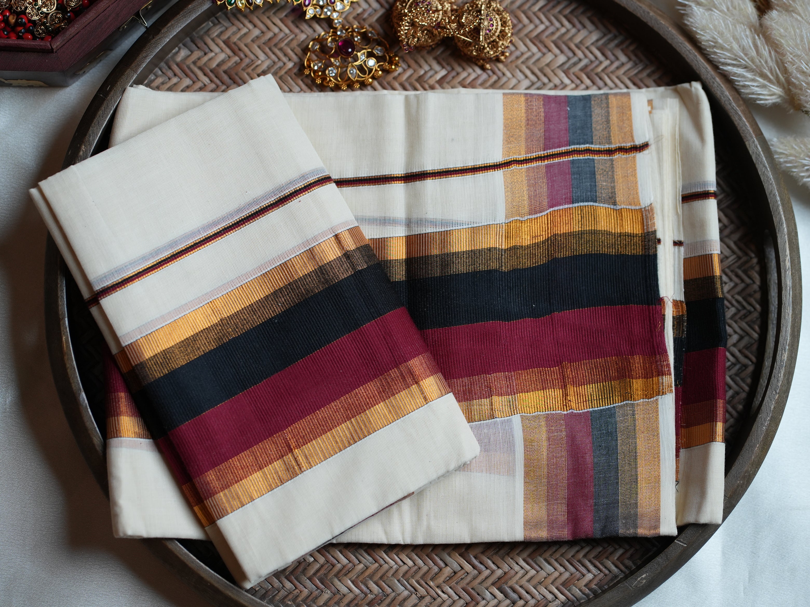 ❤️ Off-White Cotton Kerala Single Set Mundu with Maroon, Black & Gold Kasavu Borders ✨🌾
