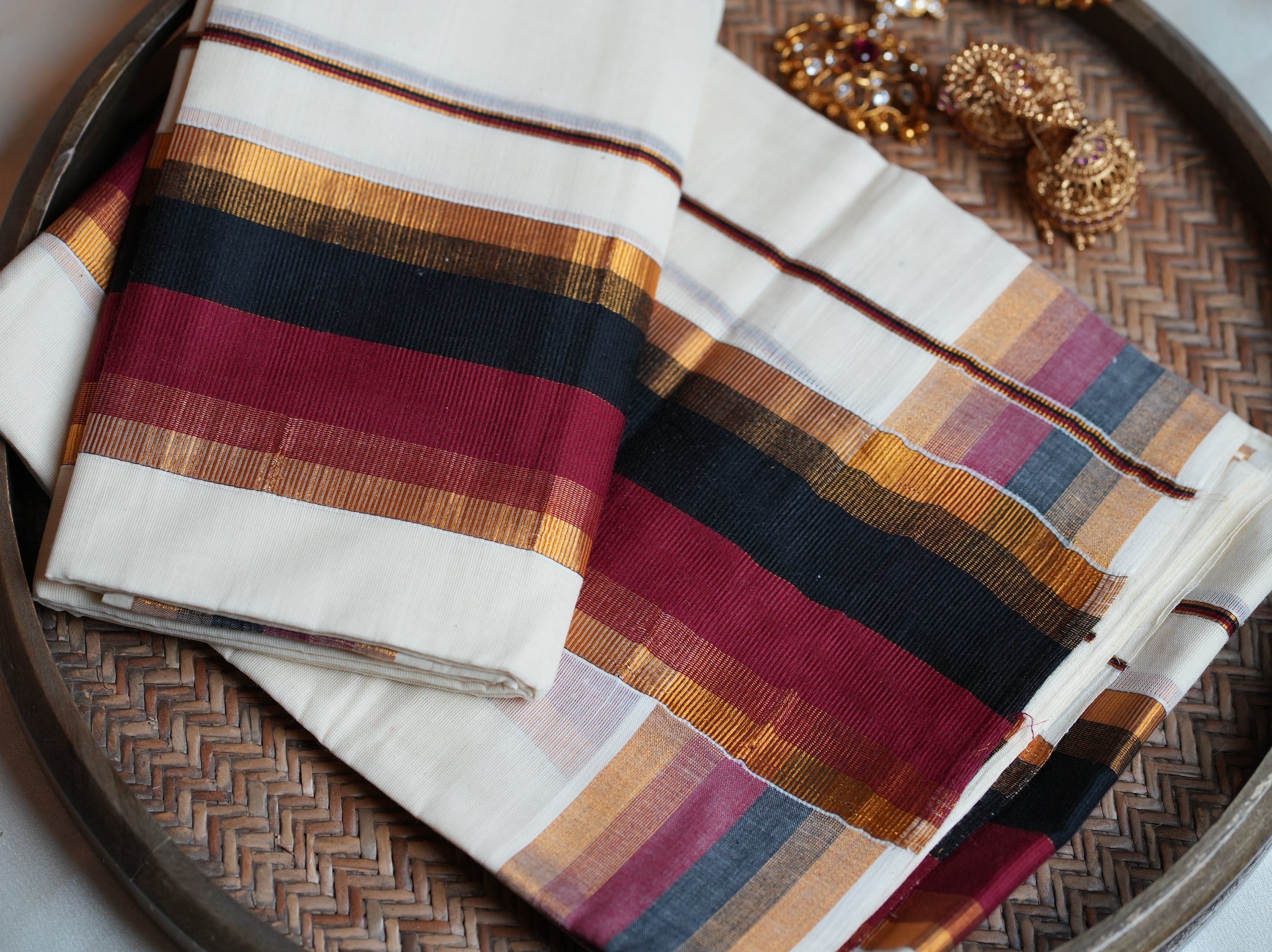 ❤️ Off-White Cotton Kerala Single Set Mundu with Maroon, Black & Gold Kasavu Borders ✨🌾