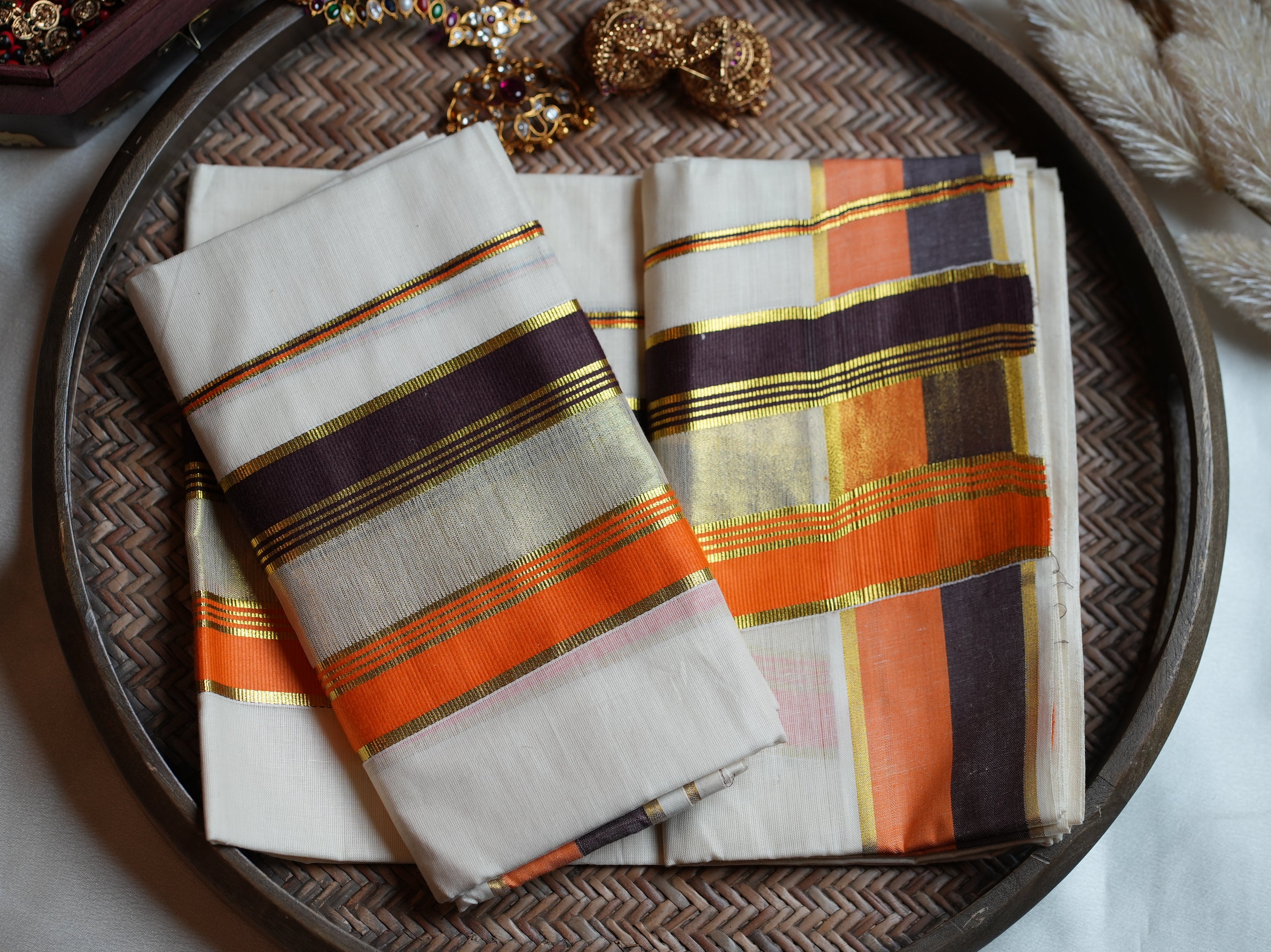 🧡 Off-White Cotton Kerala Set Mundu with Burnt Orange & Chocolate Brown Borders ✨🌾