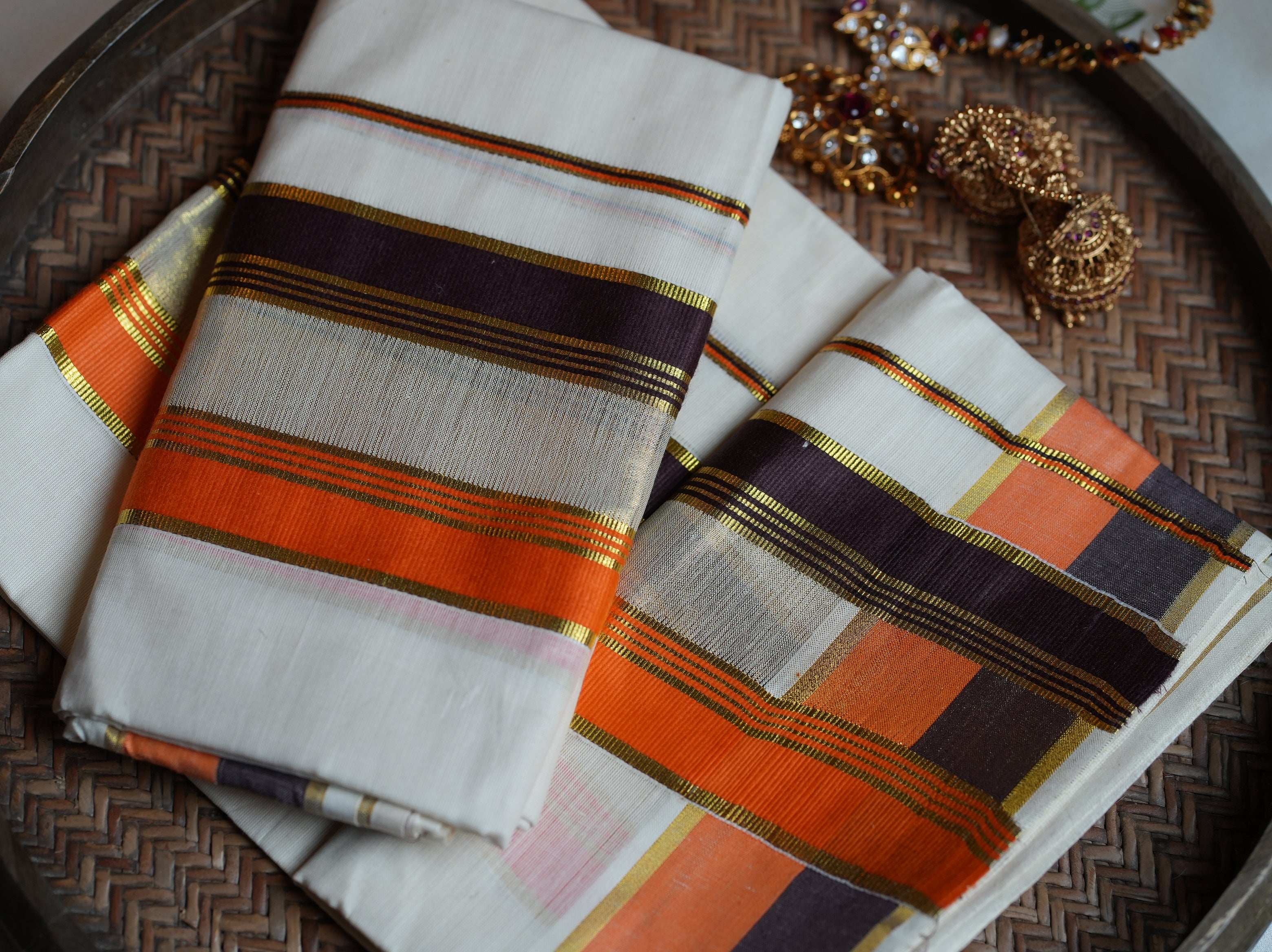 🧡 Off-White Cotton Kerala Set Mundu with Burnt Orange & Chocolate Brown Borders ✨🌾