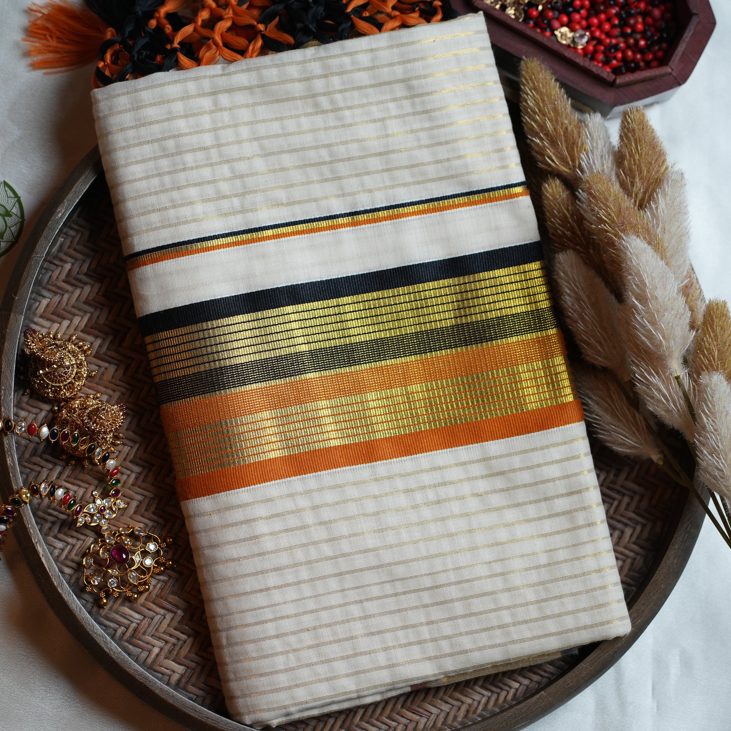 🎨 Burnt Orange & Charcoal Gold Cotton Kerala Saree with Tassels 🌟