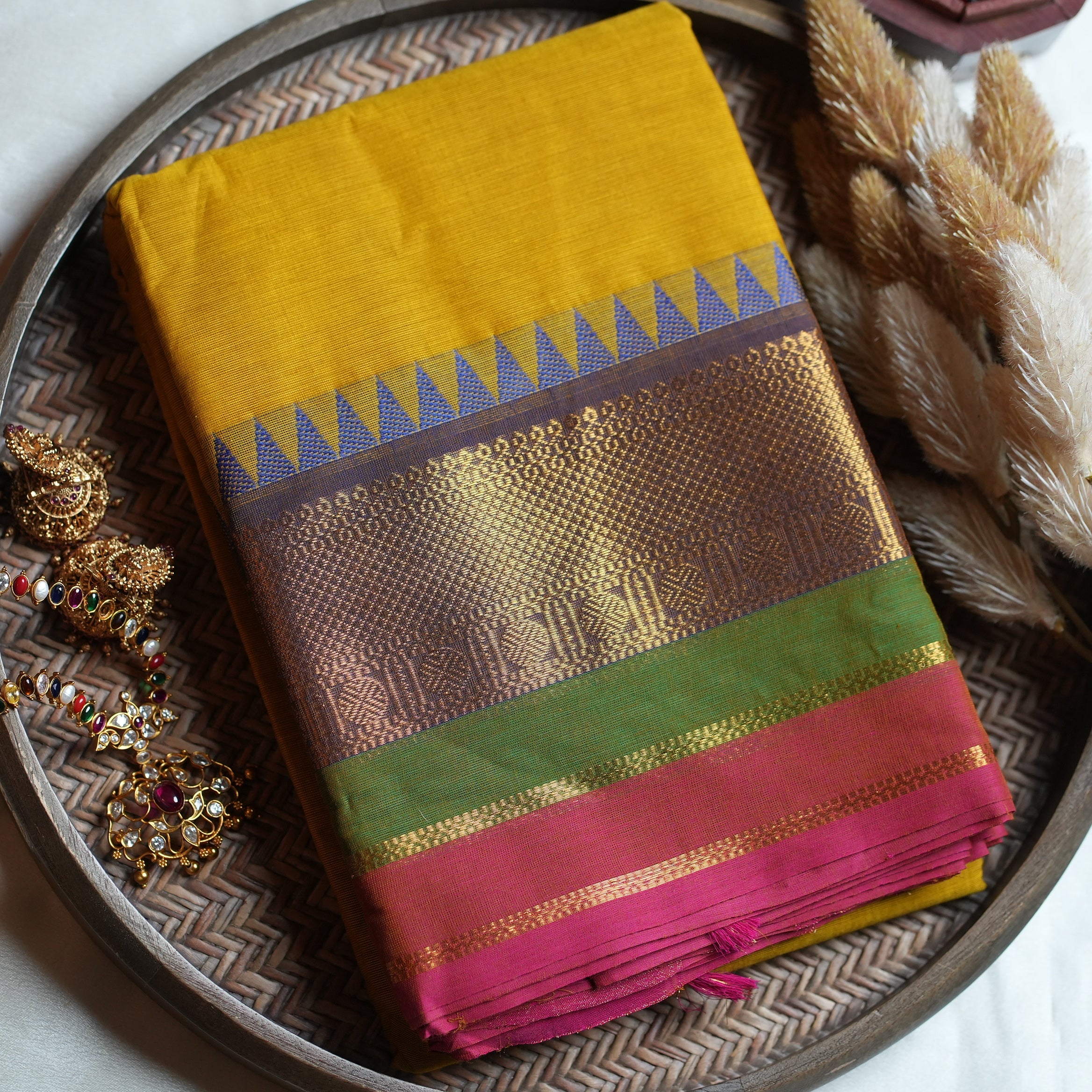 💛 Mustard Yellow Kanchi Cotton Saree with Korvai Temple Border 🌟