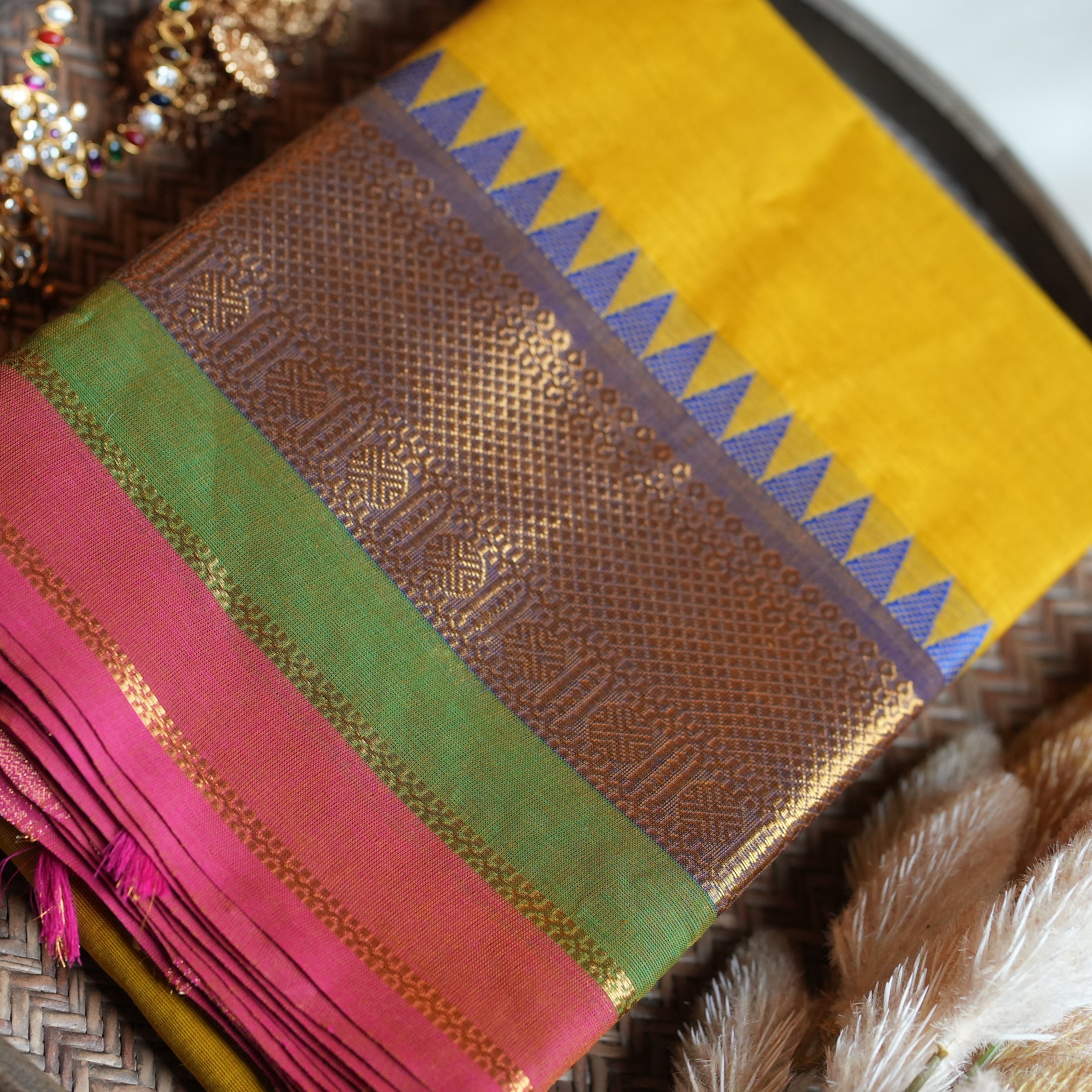 💛 Mustard Yellow Kanchi Cotton Saree with Korvai Temple Border 🌟