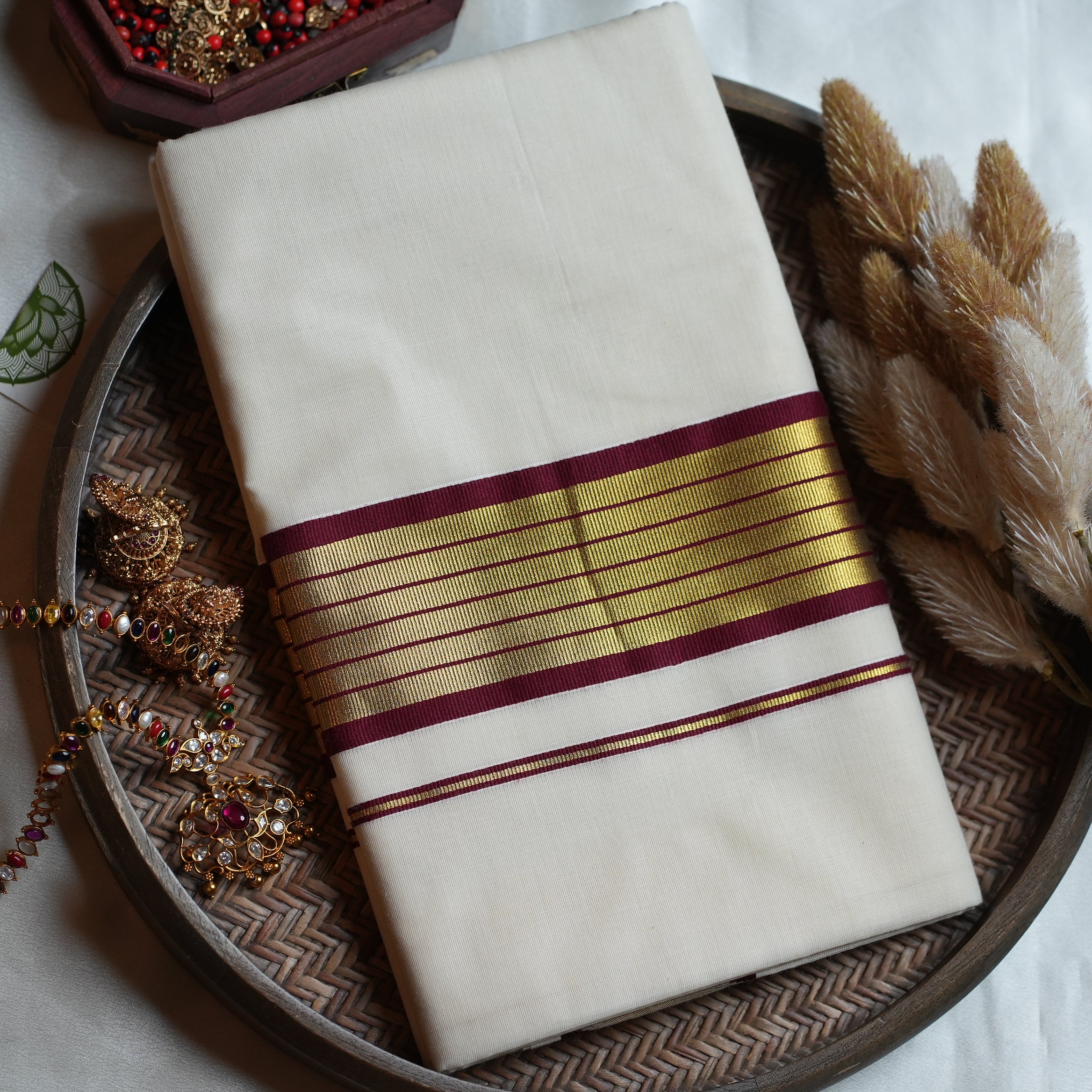 🍇 Maroon & Gold Premium Soft Cotton Handloom ReplicaKerala Saree 🌟