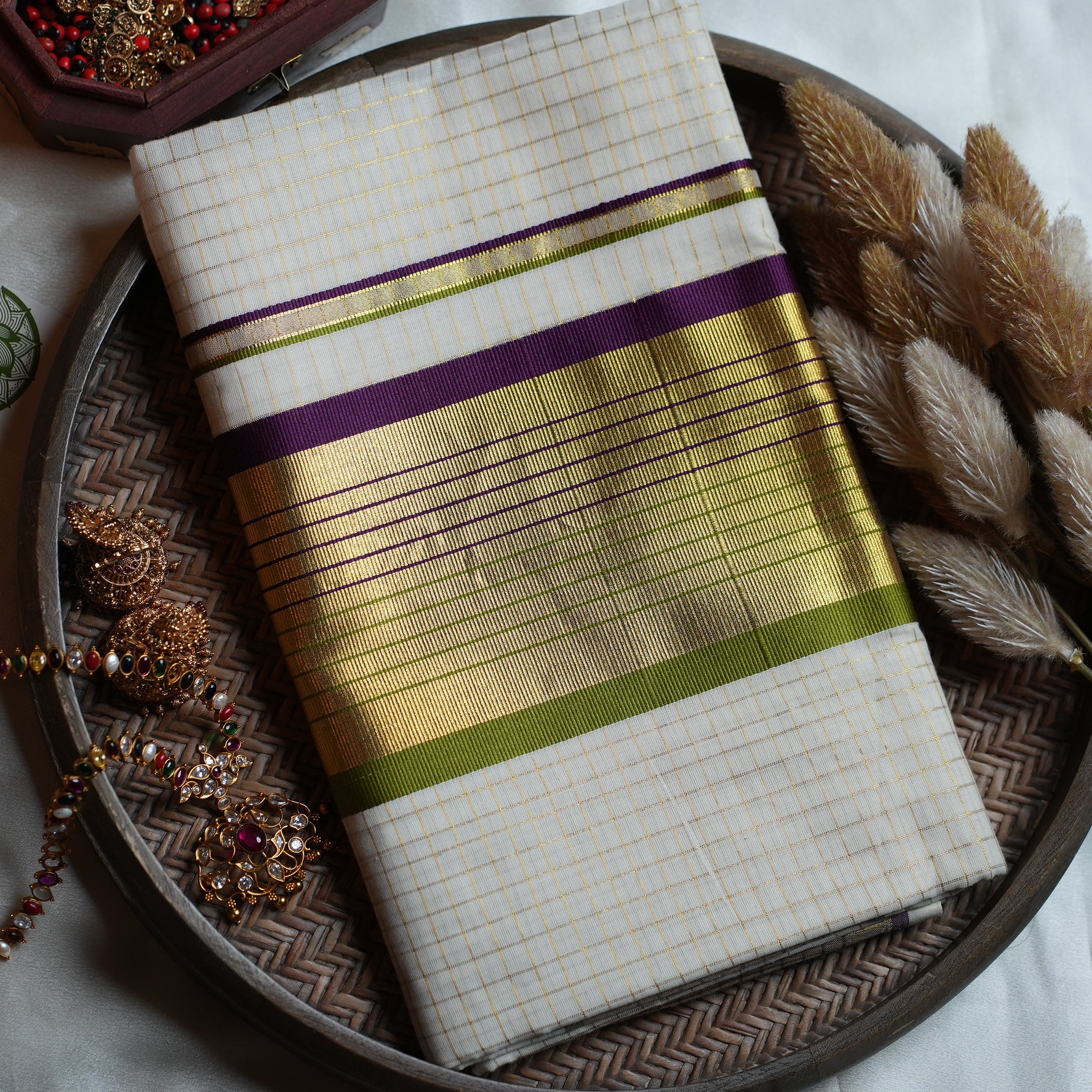 💜 Olive Green & Purple Premium Cotton Kerala Saree 🌟