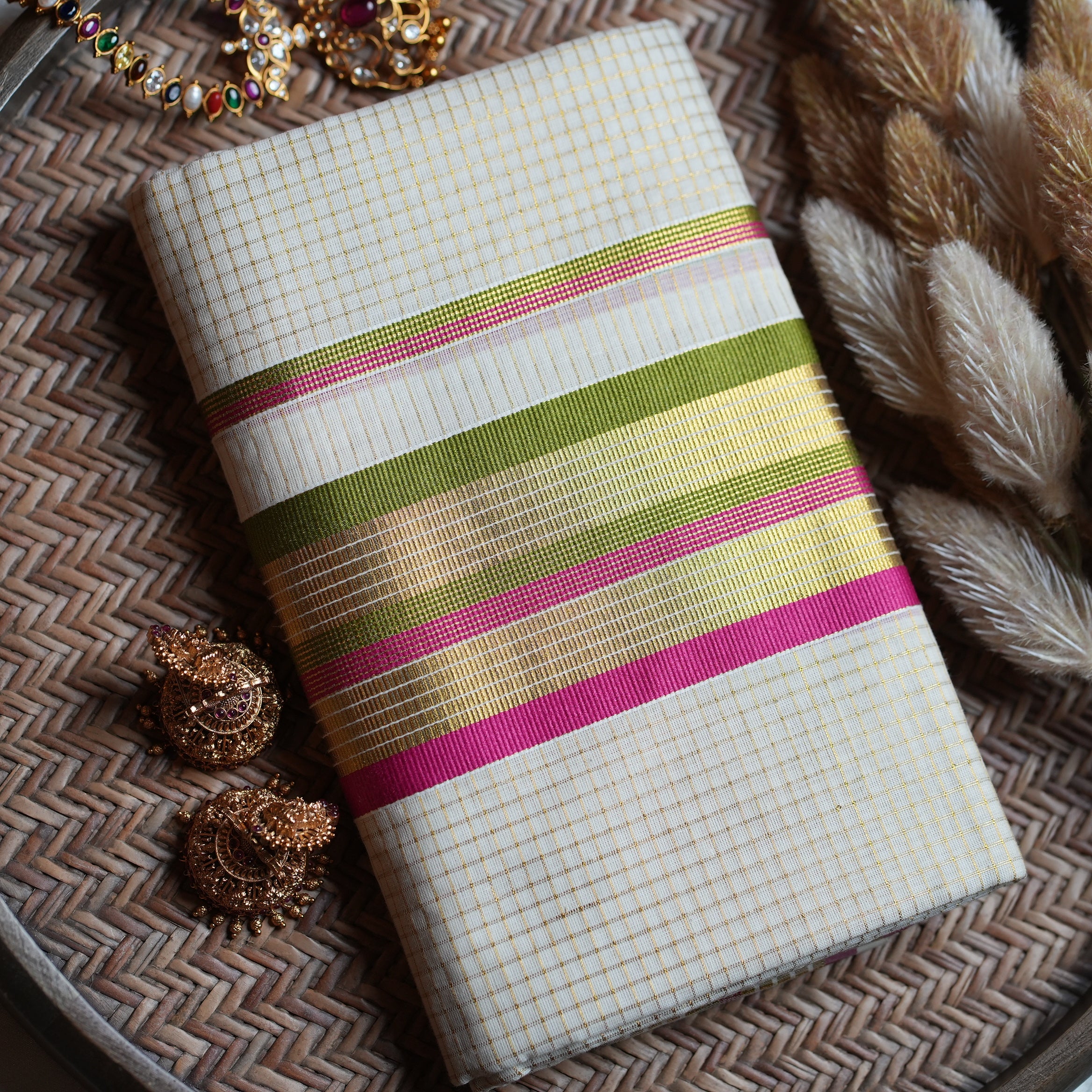 🌿 Magenta & Olive Green Cotton Kerala Set Mundu with Gold Kasavu Border 🌟