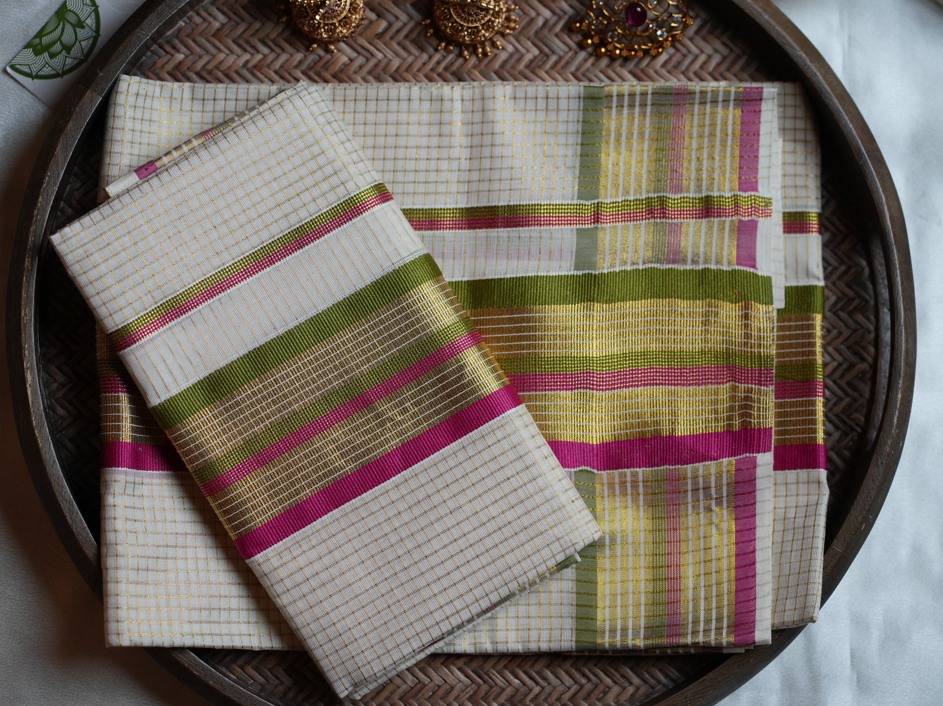 🌿 Magenta & Olive Green Cotton Kerala Set Mundu with Gold Kasavu Border 🌟