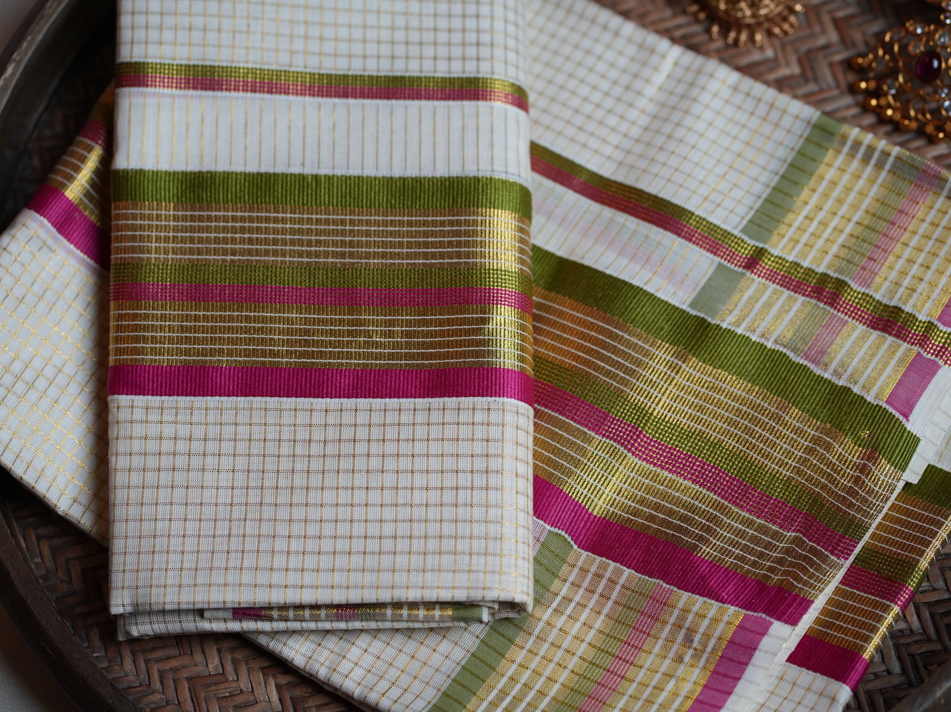 🌿 Magenta & Olive Green Cotton Kerala Set Mundu with Gold Kasavu Border 🌟