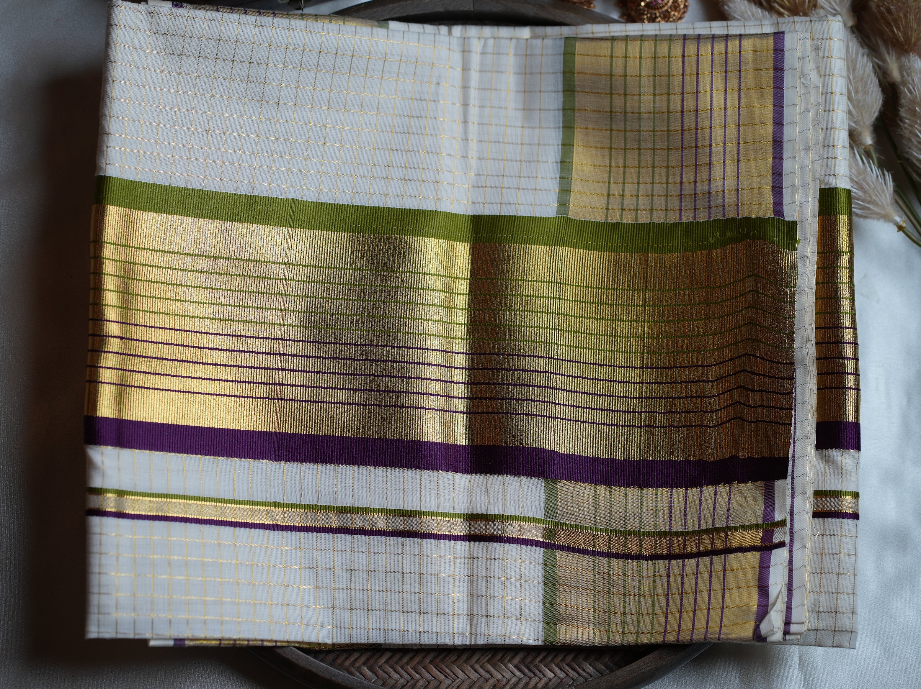 💜 Olive Green & Purple Premium Cotton Kerala Saree 🌟