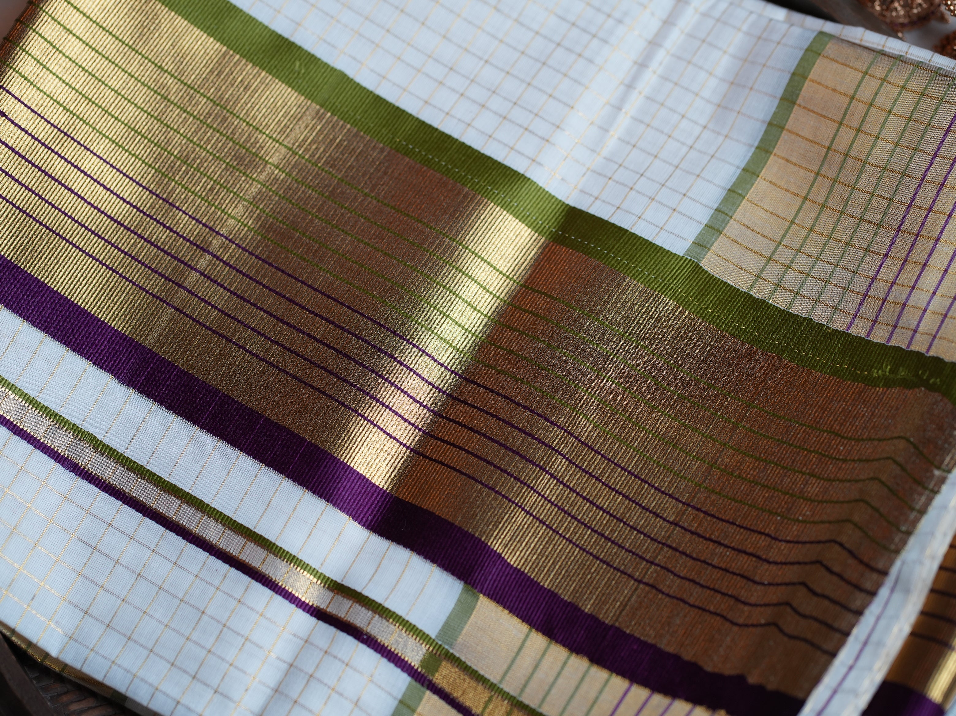 💜 Olive Green & Purple Premium Cotton Kerala Saree 🌟