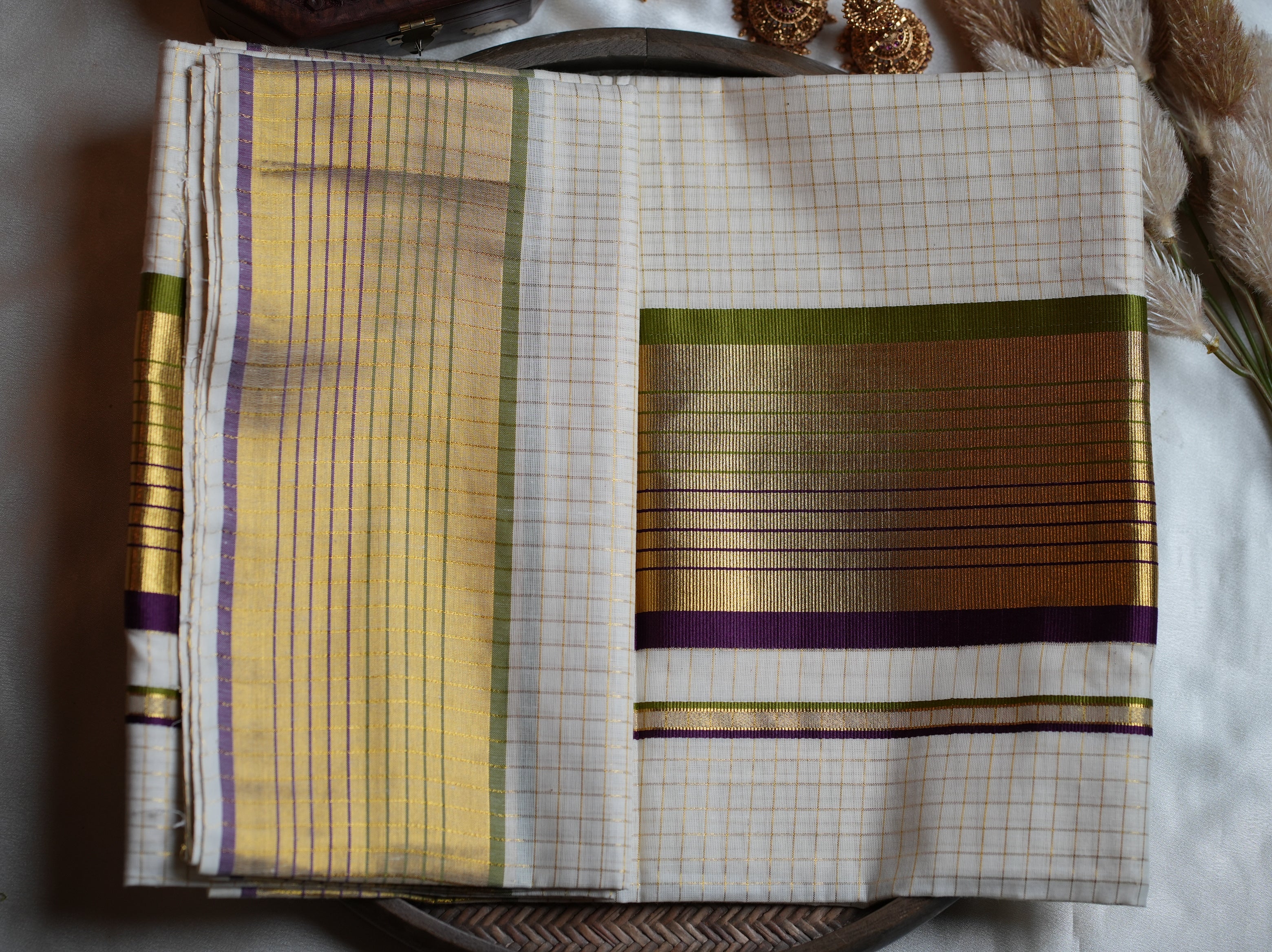 💜 Olive Green & Purple Premium Cotton Kerala Saree 🌟