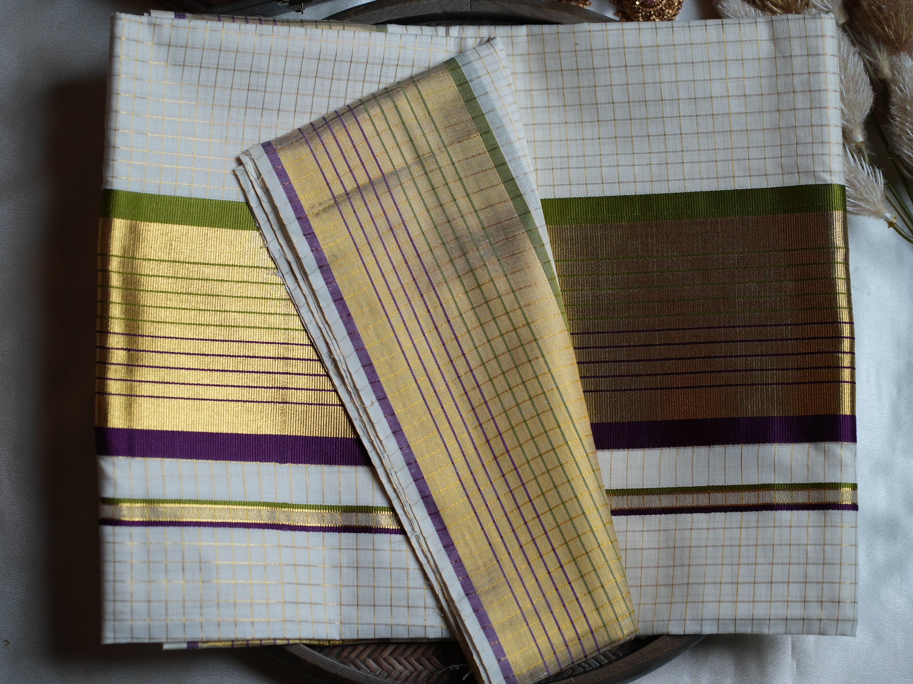💜 Olive Green & Purple Premium Cotton Kerala Saree 🌟