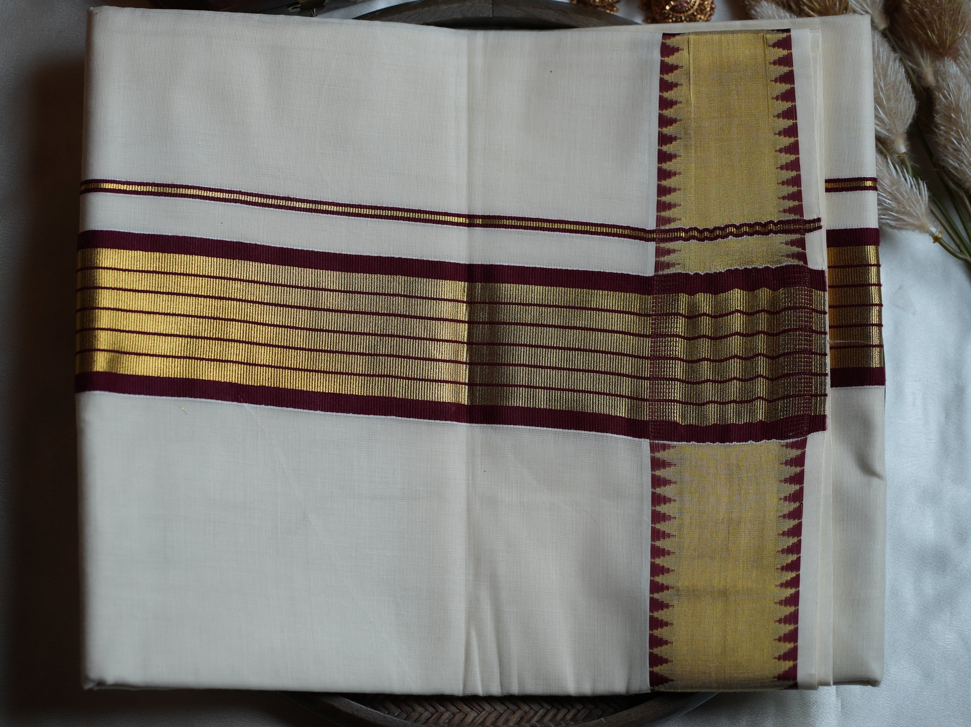 🍇 Maroon & Gold Premium Soft Cotton Handloom ReplicaKerala Saree 🌟