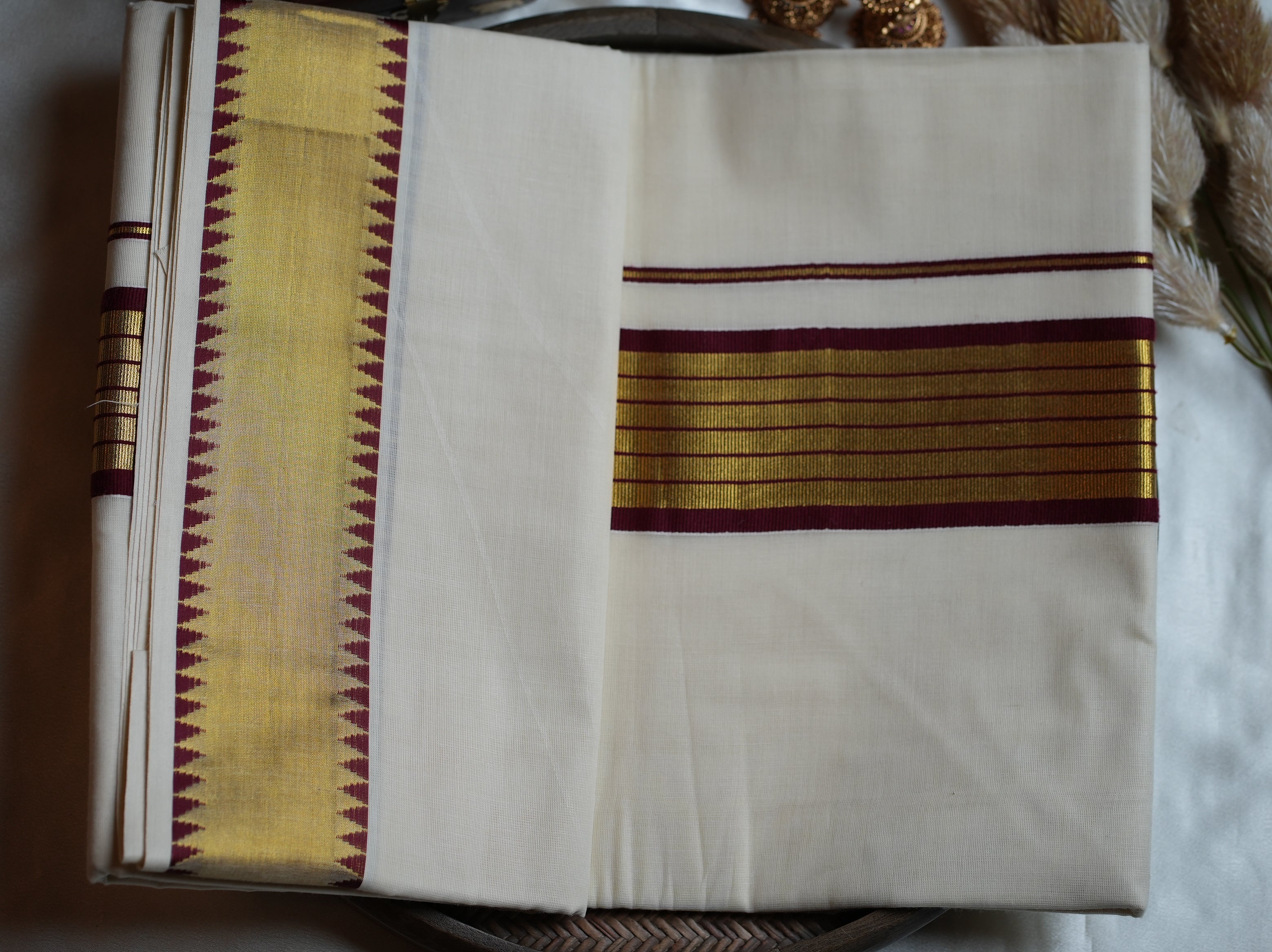 🍇 Maroon & Gold Premium Soft Cotton Handloom ReplicaKerala Saree 🌟