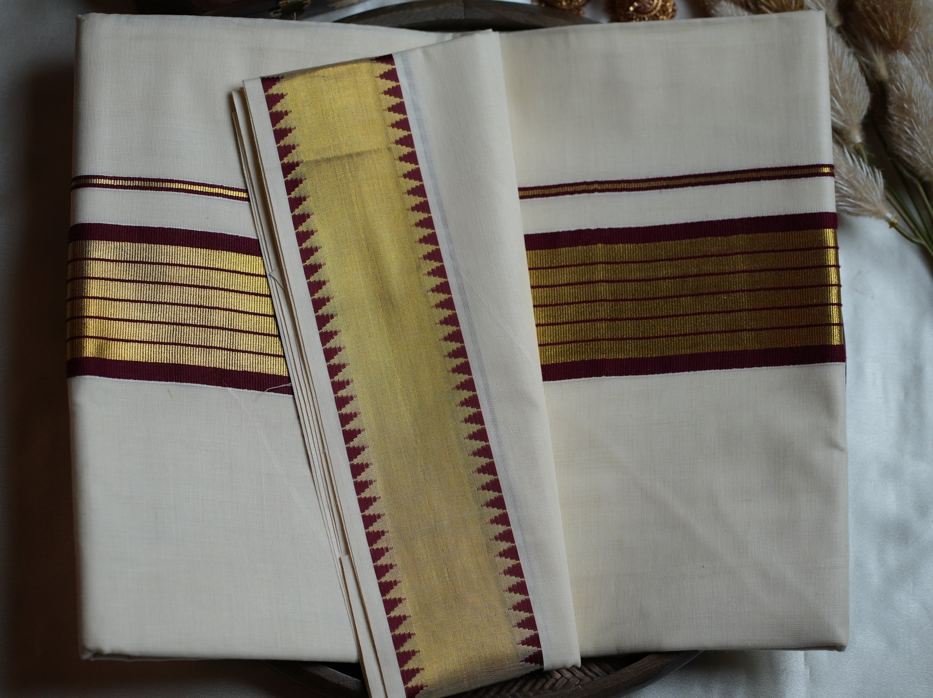 🍇 Maroon & Gold Premium Soft Cotton Handloom ReplicaKerala Saree 🌟