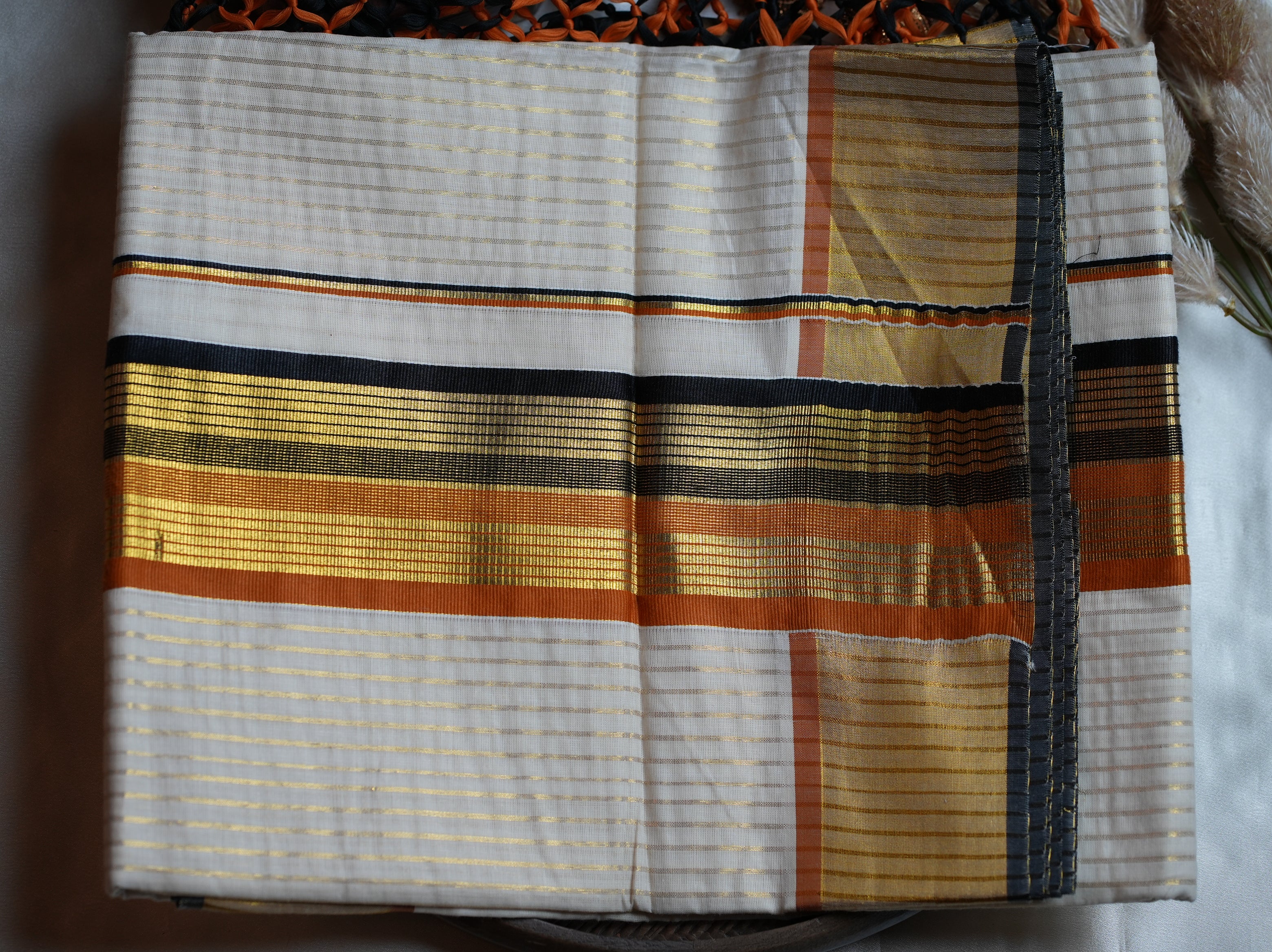 🎨 Burnt Orange & Charcoal Gold Cotton Kerala Saree with Tassels 🌟