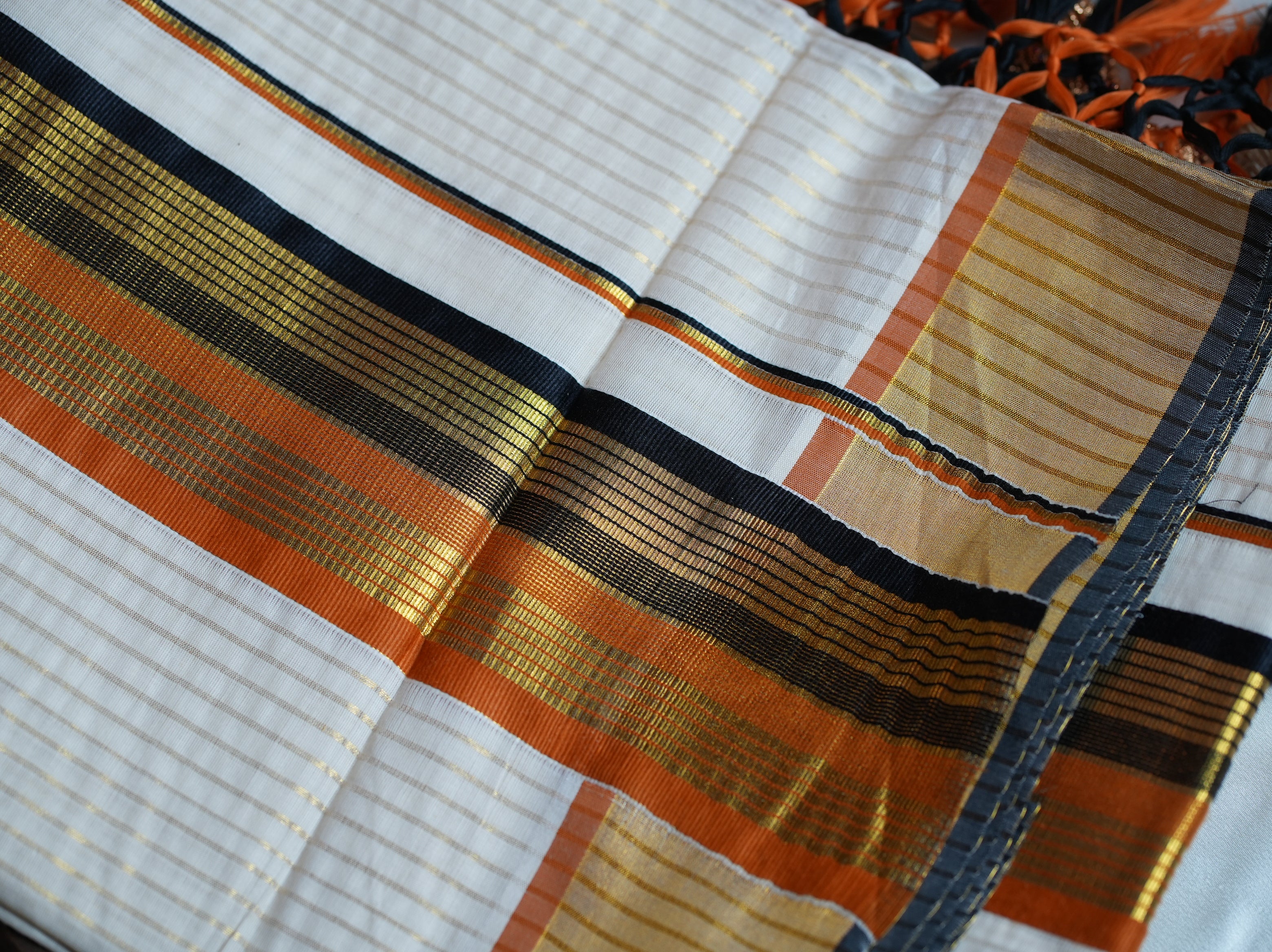 🎨 Burnt Orange & Charcoal Gold Cotton Kerala Saree with Tassels 🌟
