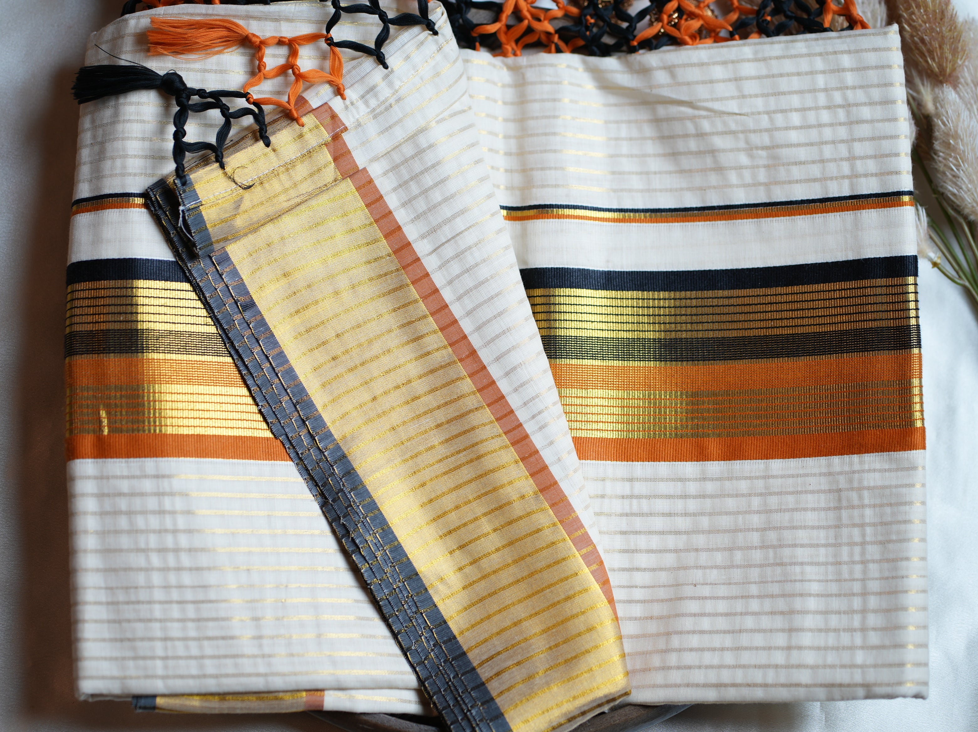 🎨 Burnt Orange & Charcoal Gold Cotton Kerala Saree with Tassels 🌟