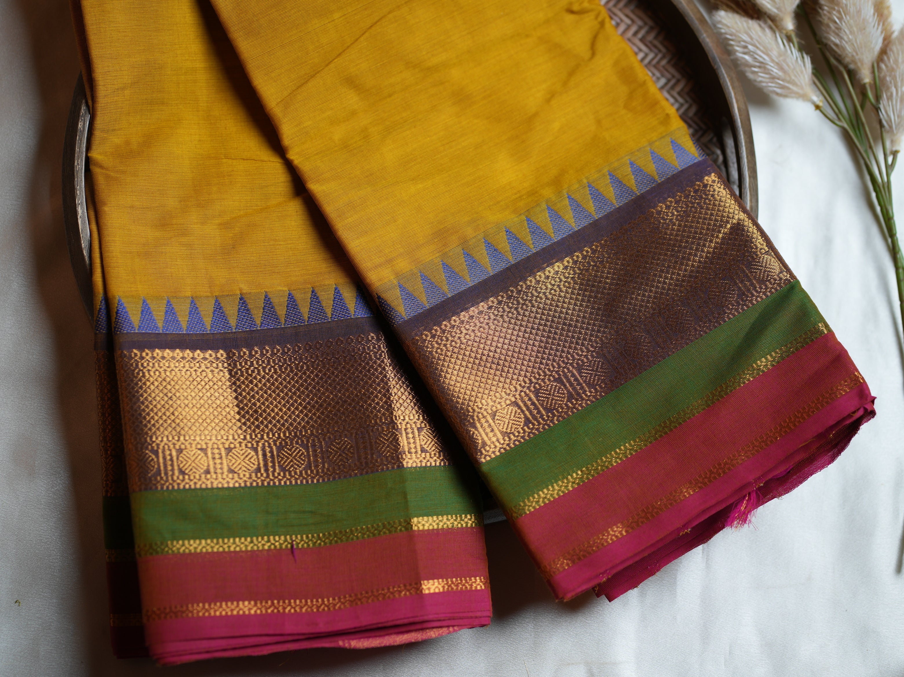 💛 Mustard Yellow Kanchi Cotton Saree with Korvai Temple Border 🌟