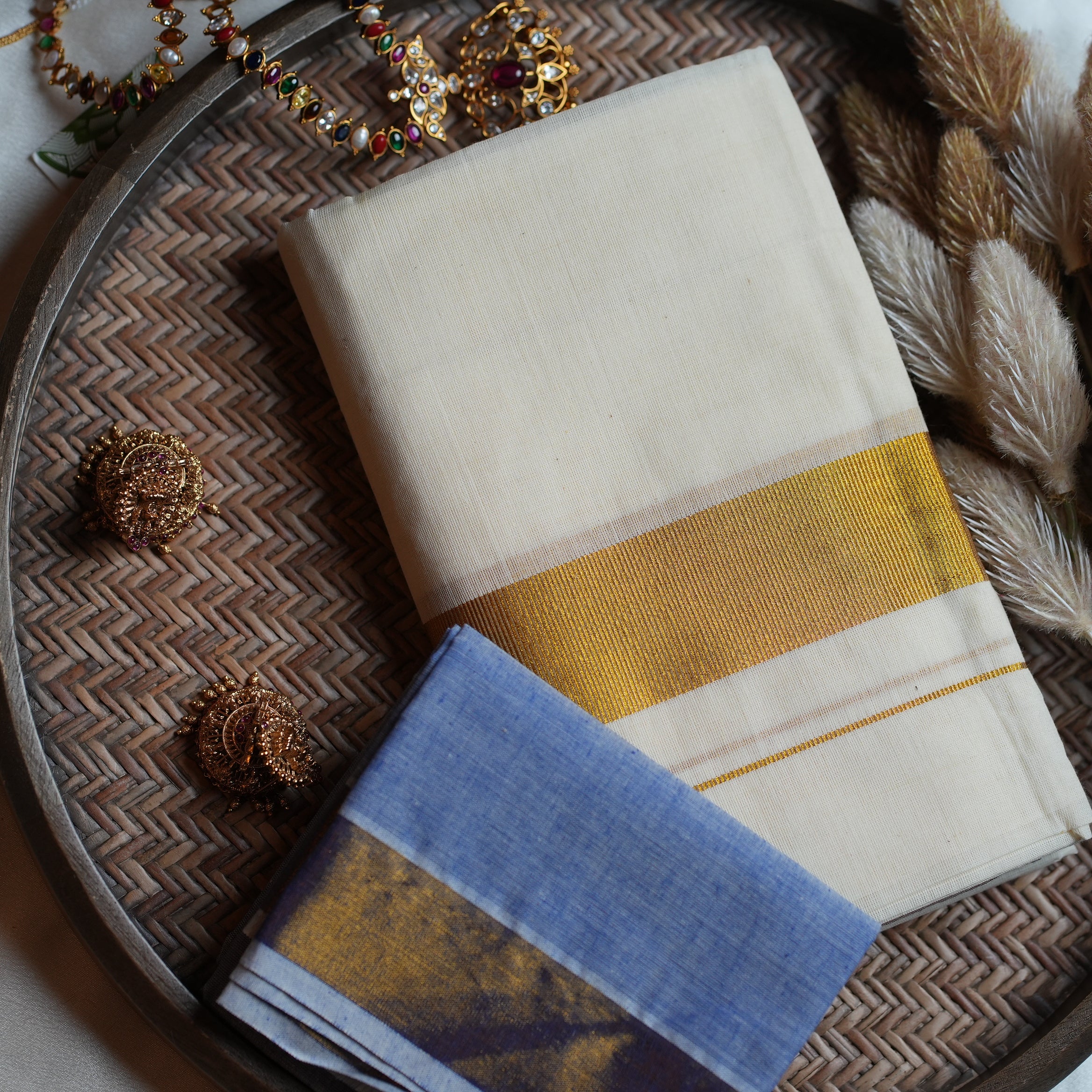 💙 Powder Blue & Gold Cotton Kerala Set Mundu with Matching Blouse 🌟