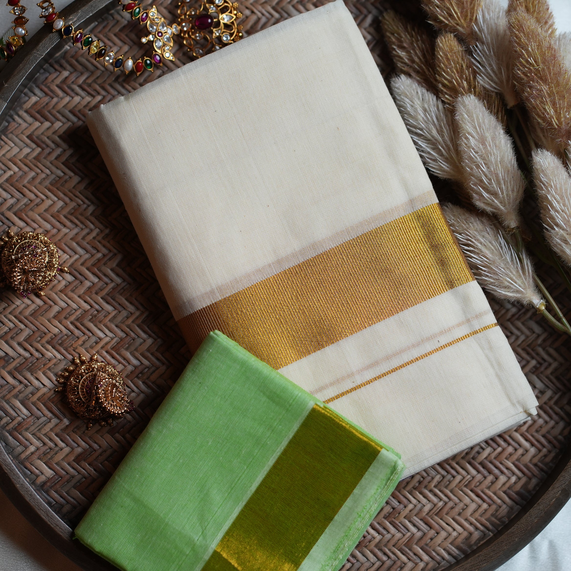 🍏 Fresh Apple Green & Gold Cotton Kerala Set Mundu with Matching Blouse 🌟