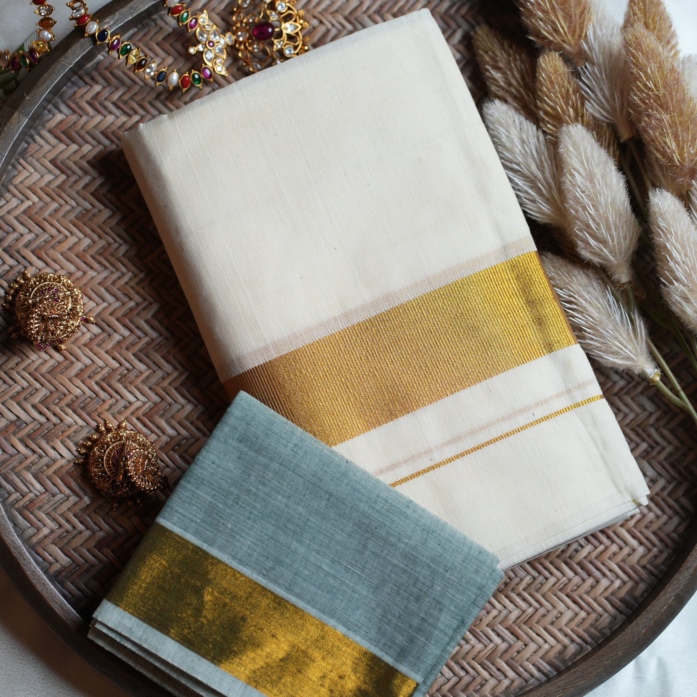 🌿 Sage Green & Gold Cotton Kerala Set Mundu with Matching Blouse 🌟