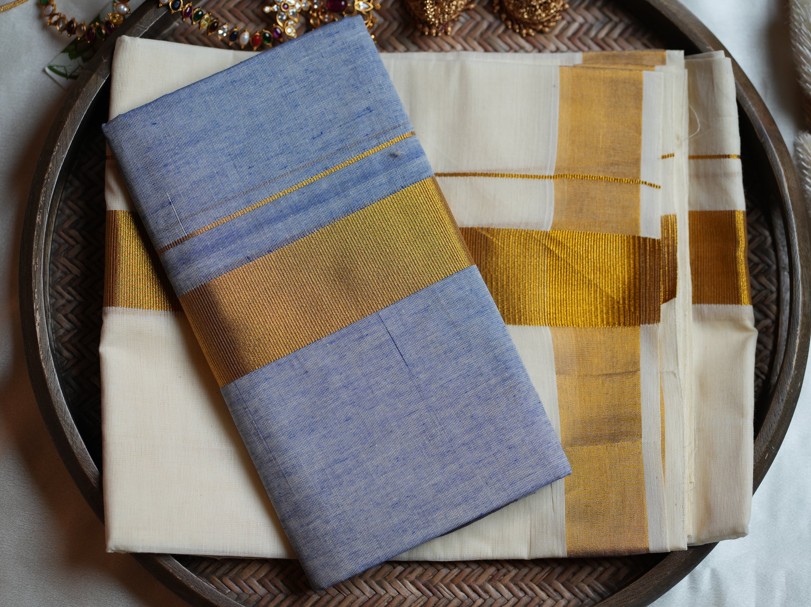 💙 Powder Blue & Gold Cotton Kerala Set Mundu with Matching Blouse 🌟