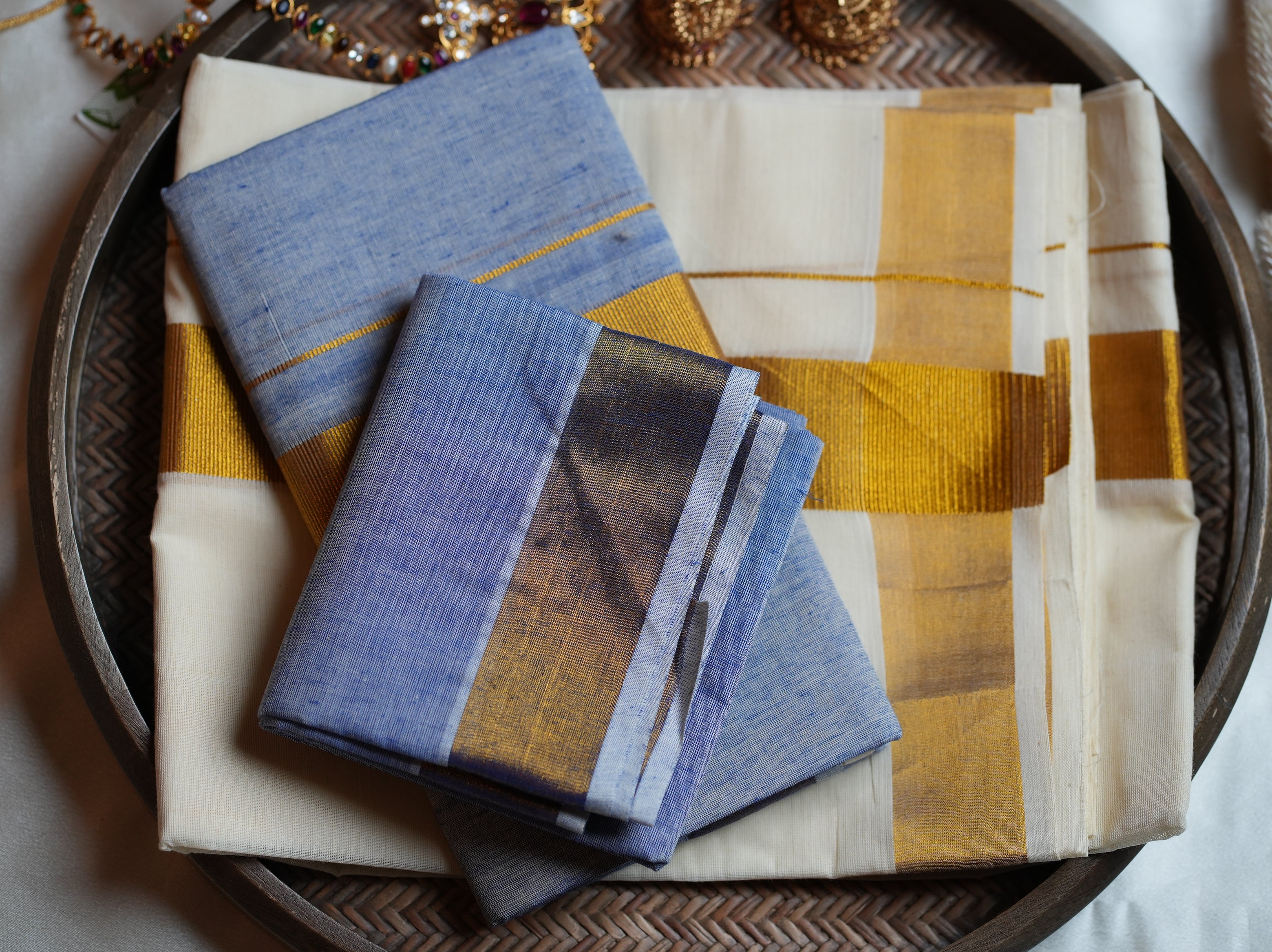 💙 Powder Blue & Gold Cotton Kerala Set Mundu with Matching Blouse 🌟