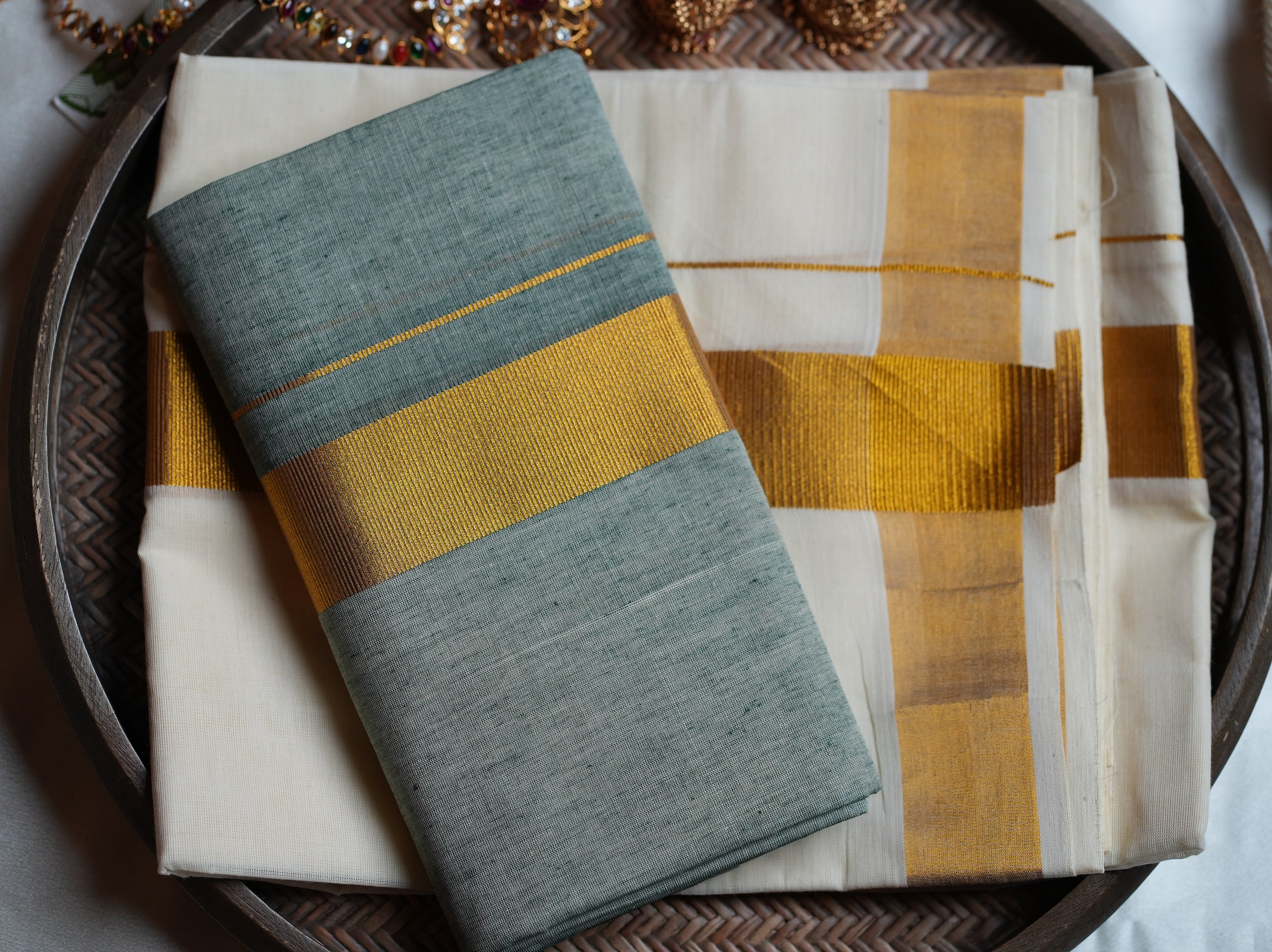 🌿 Sage Green & Gold Cotton Kerala Set Mundu with Matching Blouse 🌟