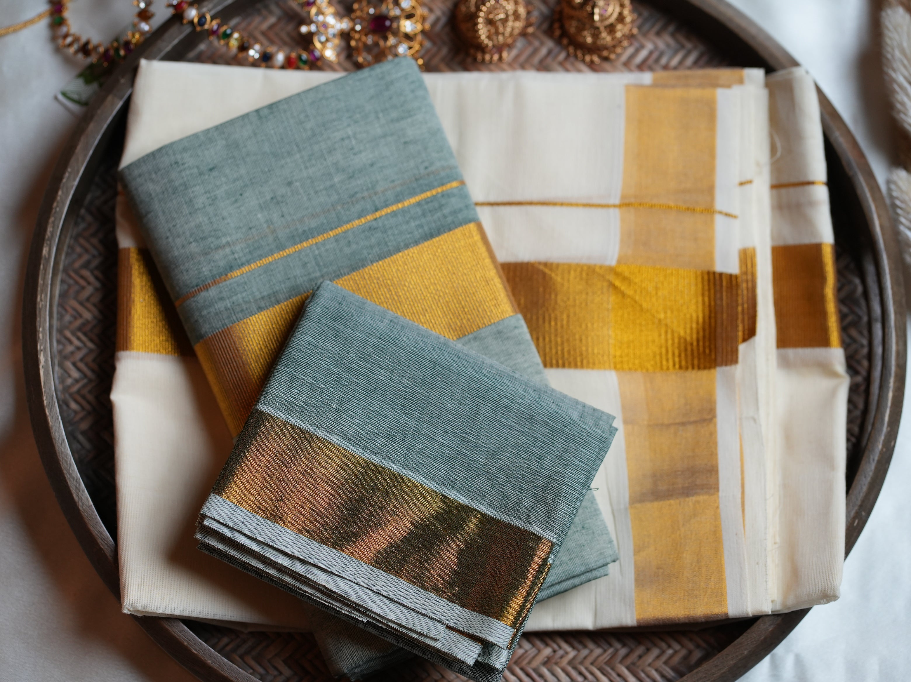 🌿 Sage Green & Gold Cotton Kerala Set Mundu with Matching Blouse 🌟