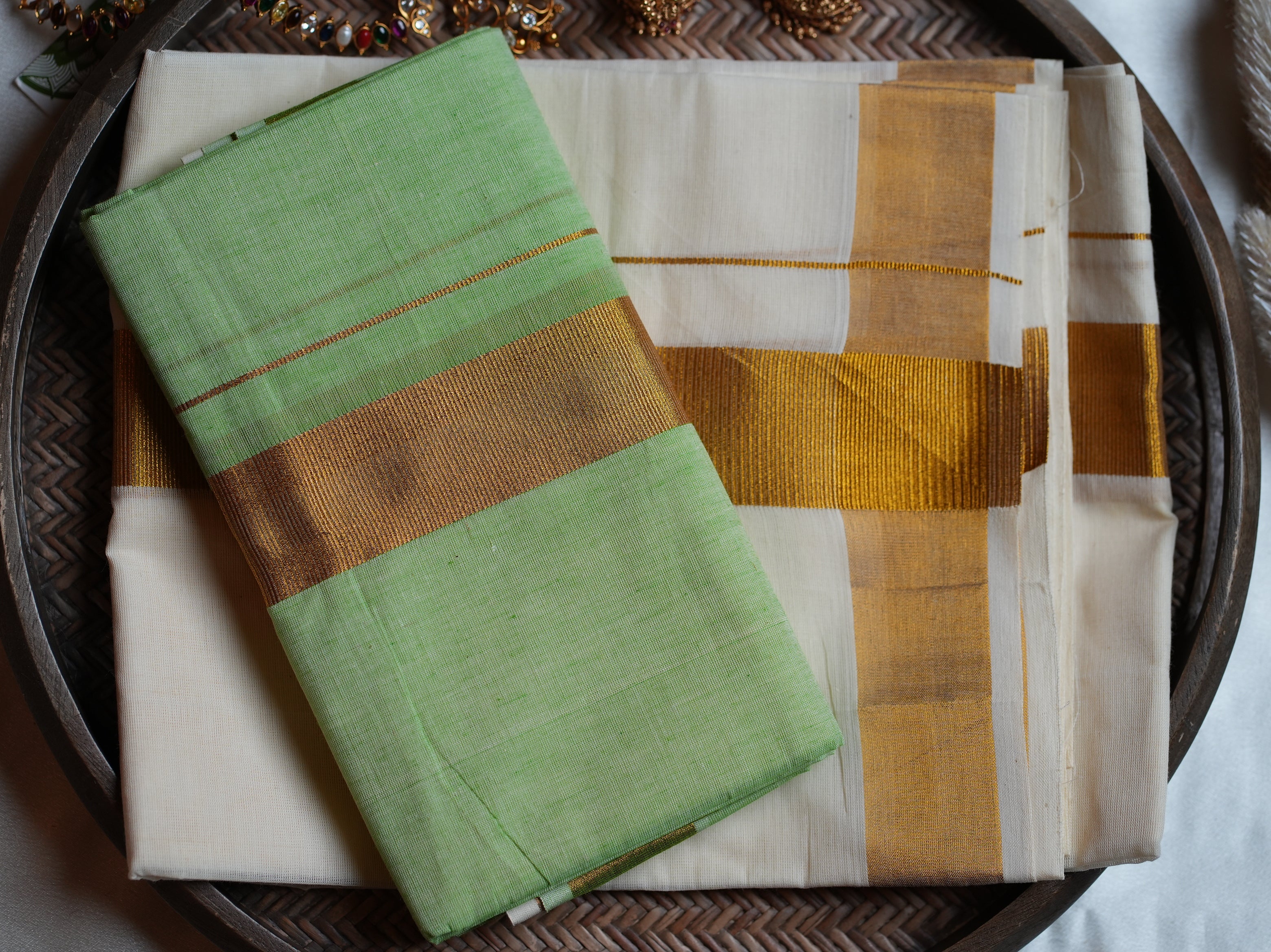 🍏 Fresh Apple Green & Gold Cotton Kerala Set Mundu with Matching Blouse 🌟