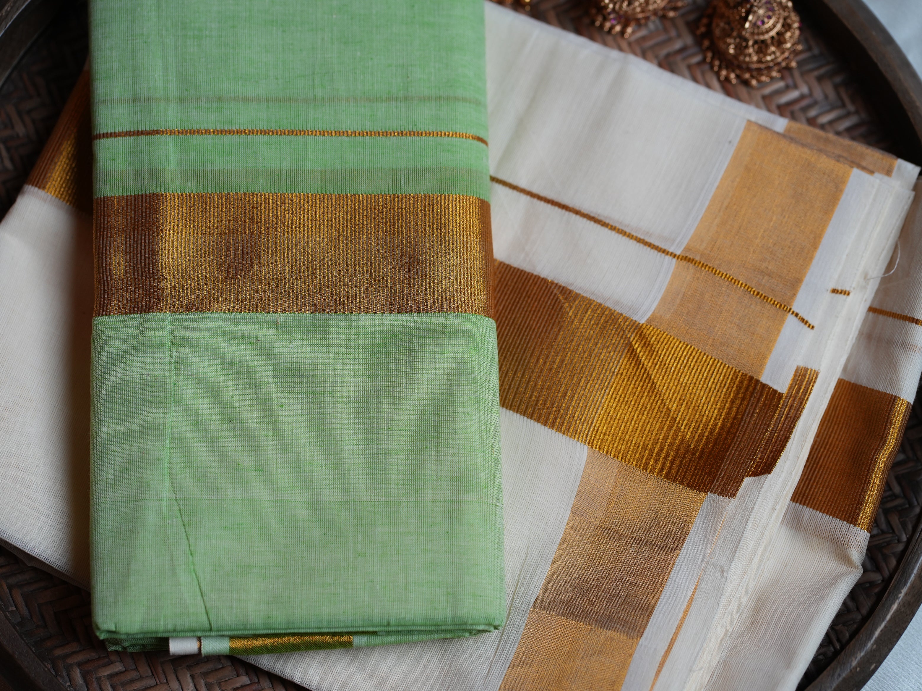 🍏 Fresh Apple Green & Gold Cotton Kerala Set Mundu with Matching Blouse 🌟
