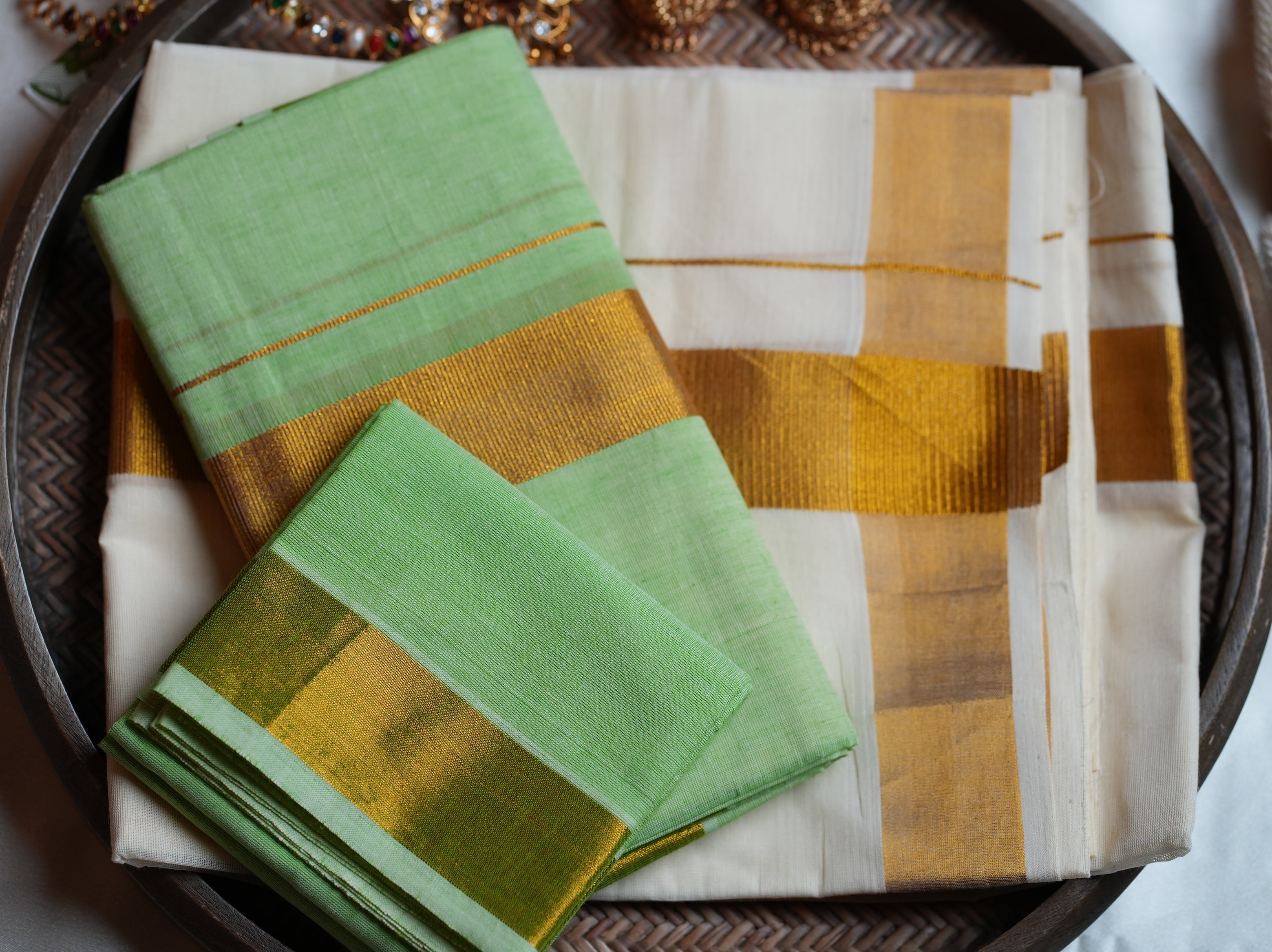 🍏 Fresh Apple Green & Gold Cotton Kerala Set Mundu with Matching Blouse 🌟