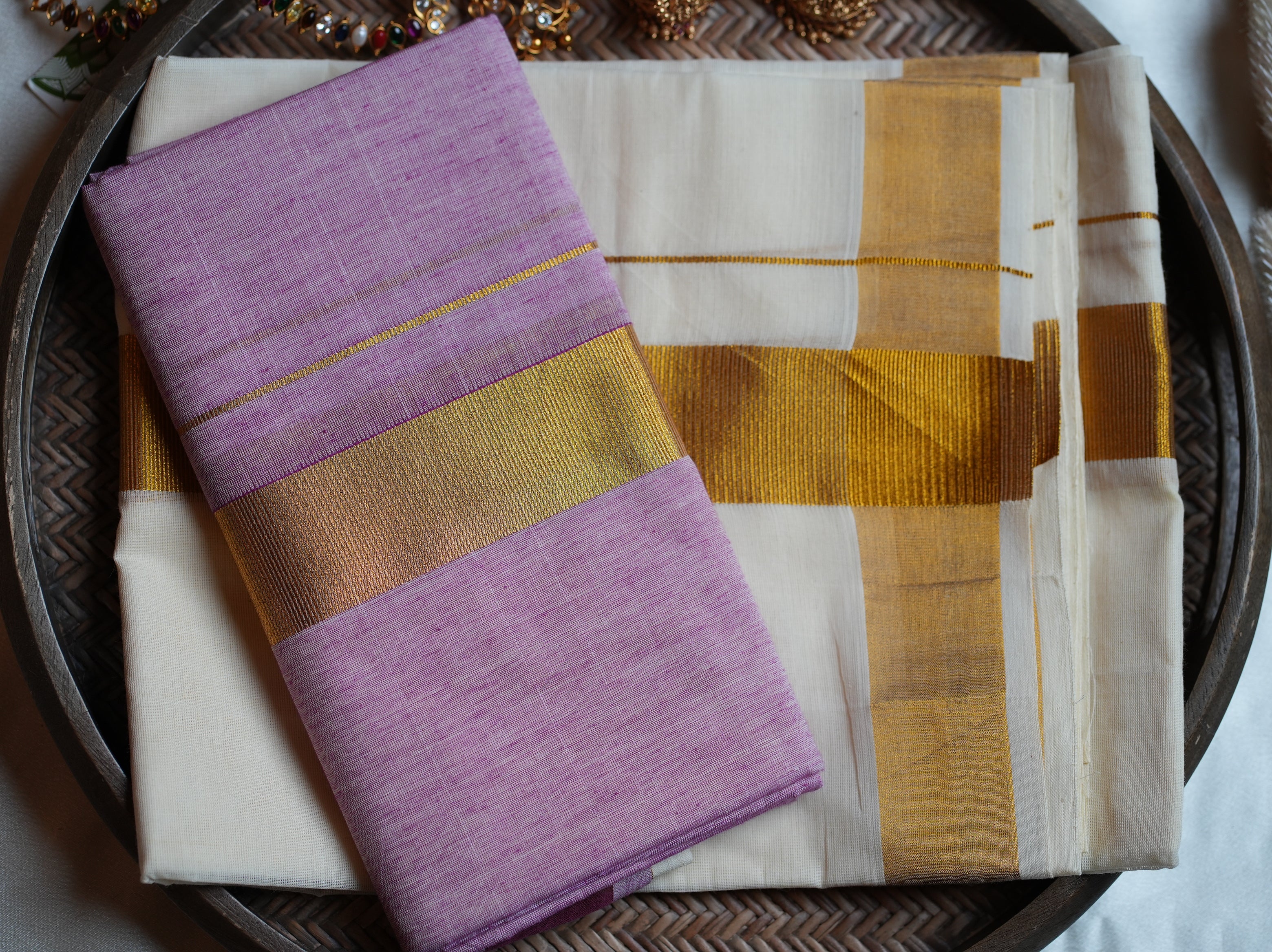 🌸 Soft Lilac & Gold Cotton Kerala Set Mundu with Matching Blouse 🌟