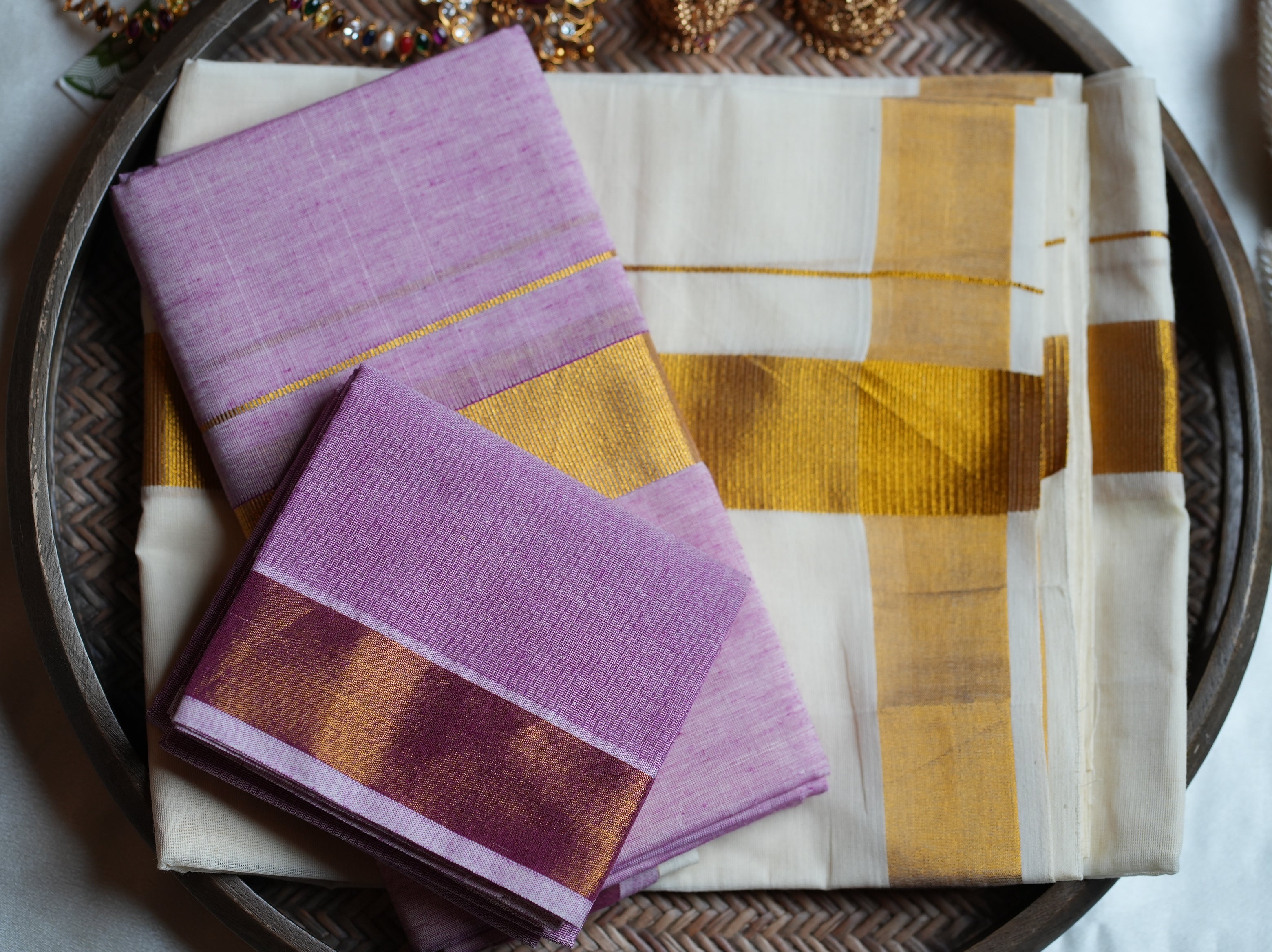 🌸 Soft Lilac & Gold Cotton Kerala Set Mundu with Matching Blouse 🌟