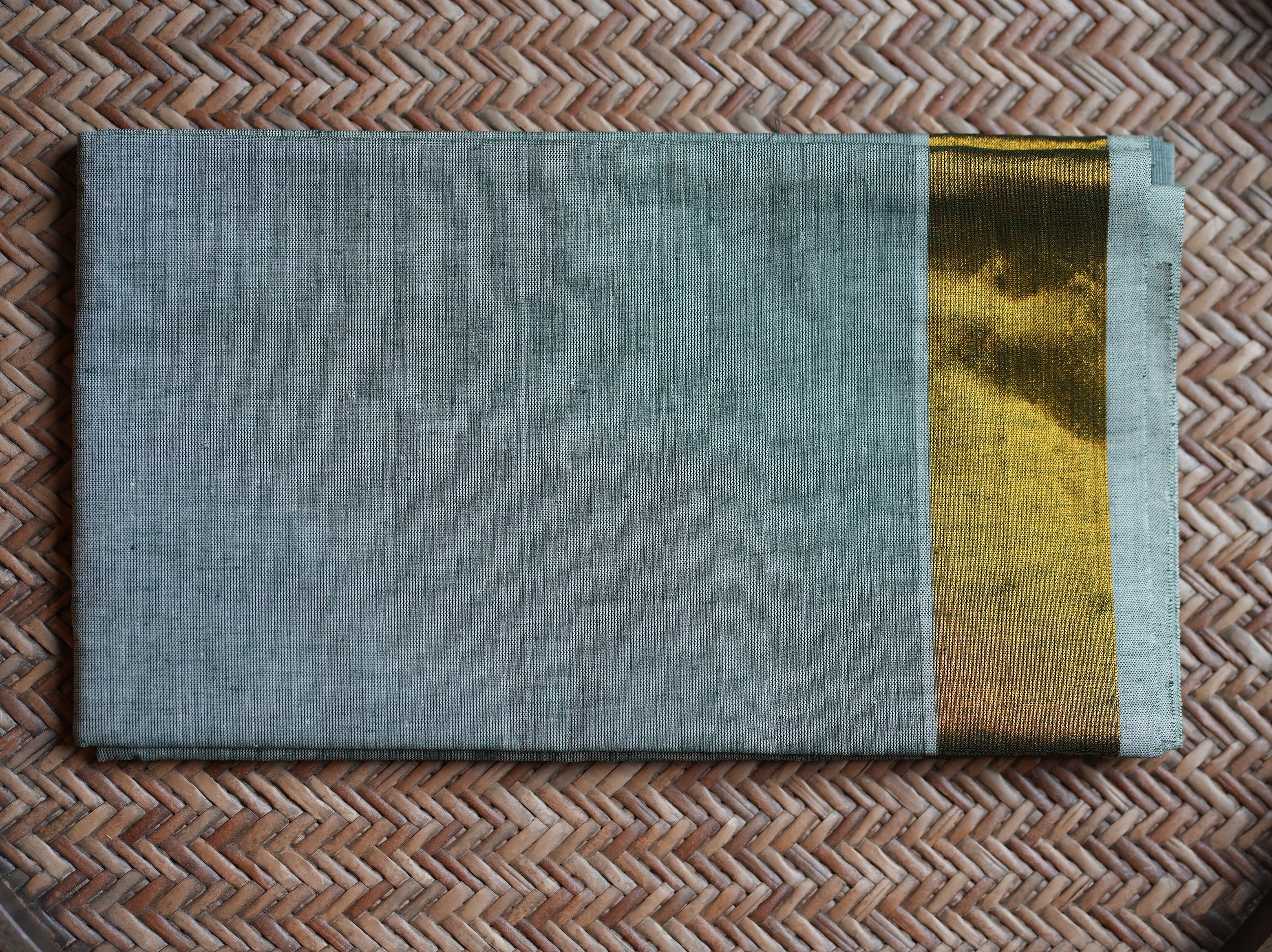 🌿 Sage Green & Gold Cotton Kerala Set Mundu with Matching Blouse 🌟