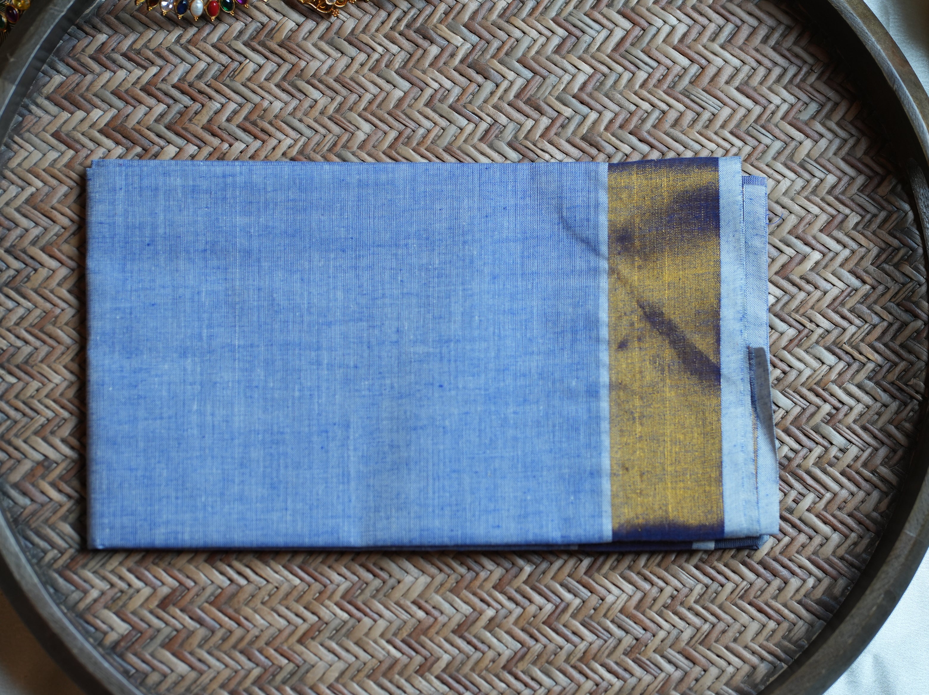 💙 Powder Blue & Gold Cotton Kerala Set Mundu with Matching Blouse 🌟