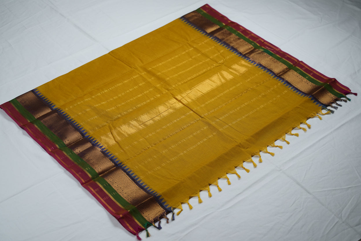 💛 Mustard Yellow Kanchi Cotton Saree with Korvai Temple Border 🌟