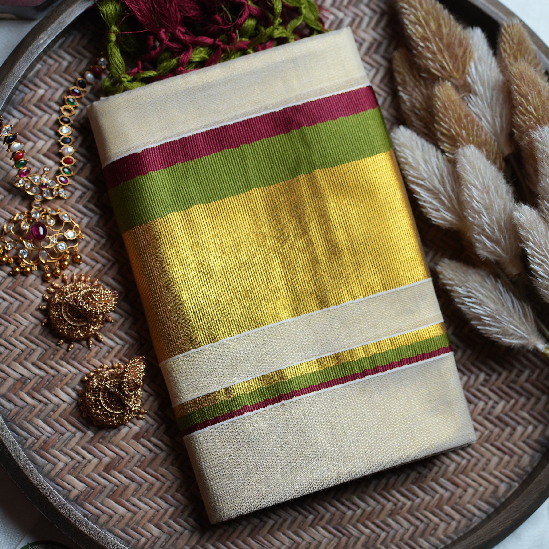 💫 Olive & Maroon Stripe Tissue Kasavu Kerala Set Mundu 🌟