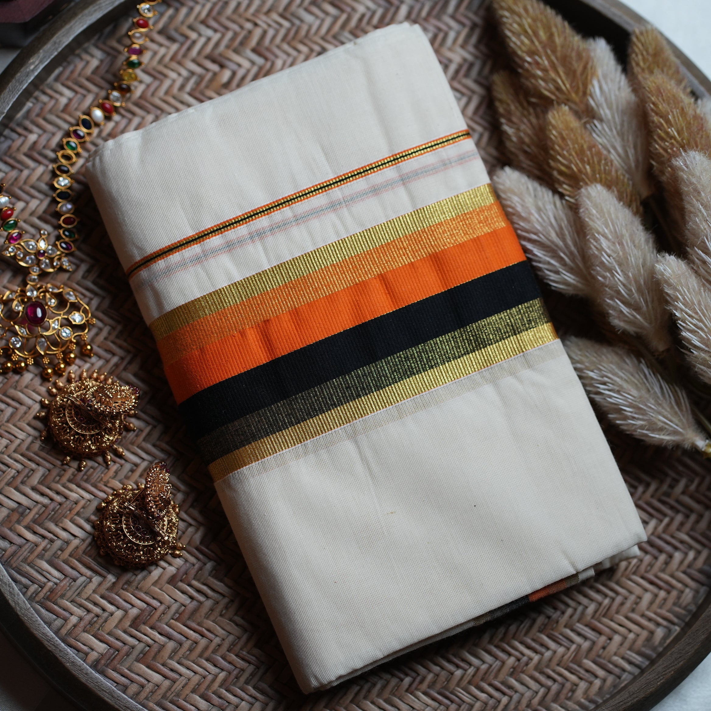 🍊 Burnt Orange & Charcoal Black Kasavu Cotton Kerala Set Mundu 🌟