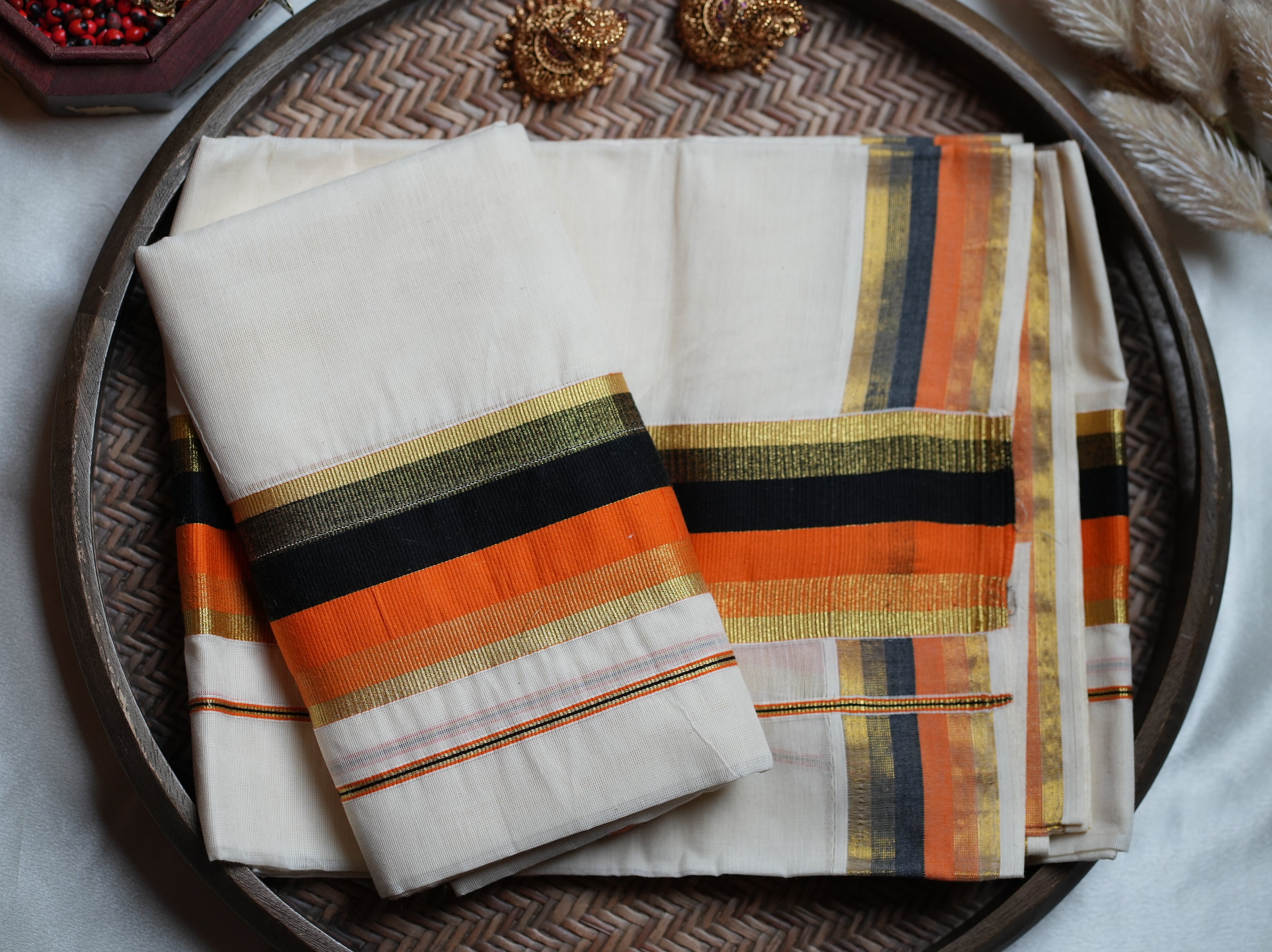🍊 Burnt Orange & Charcoal Black Kasavu Cotton Kerala Set Mundu 🌟
