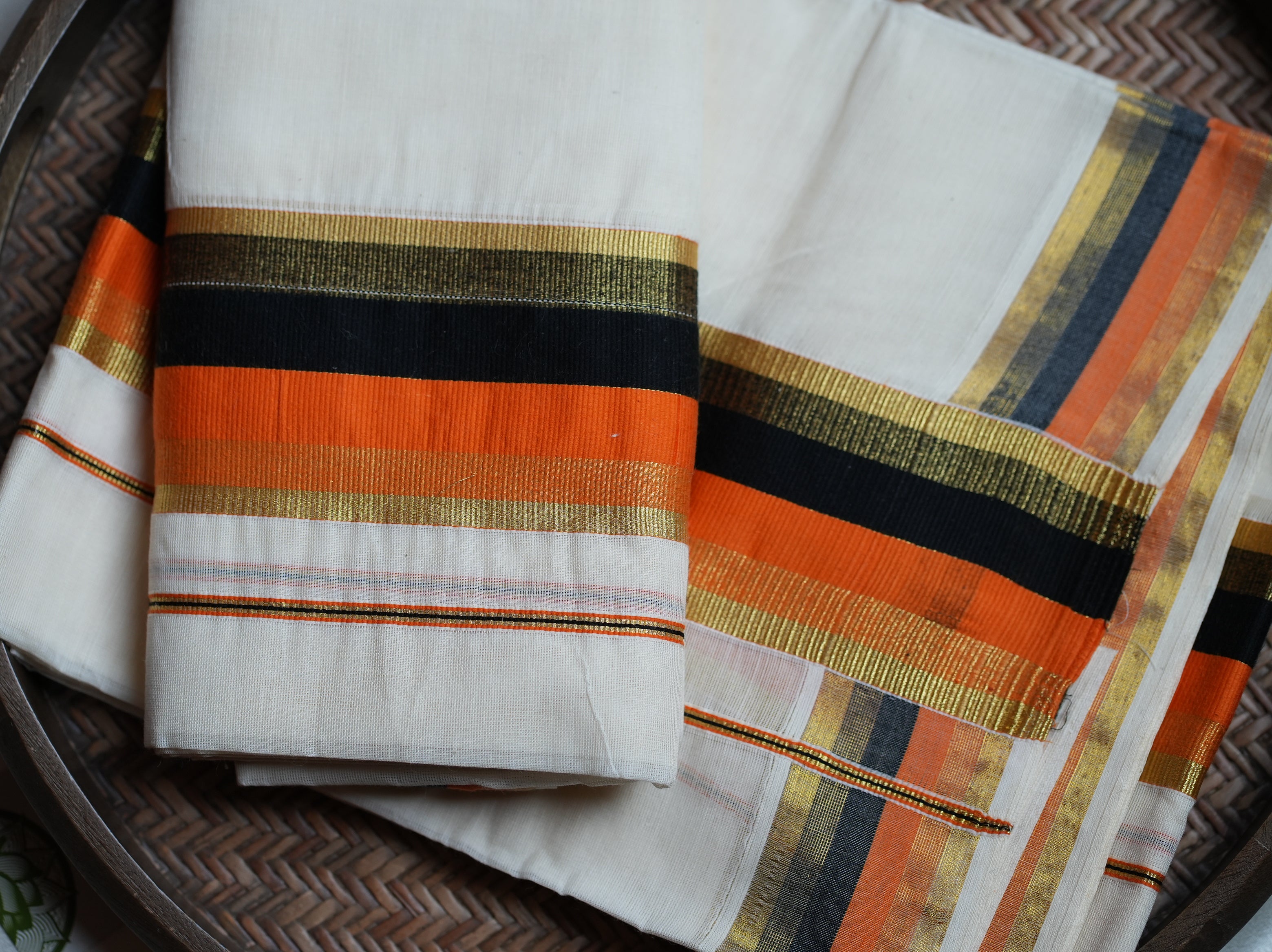 🍊 Burnt Orange & Charcoal Black Kasavu Cotton Kerala Set Mundu 🌟