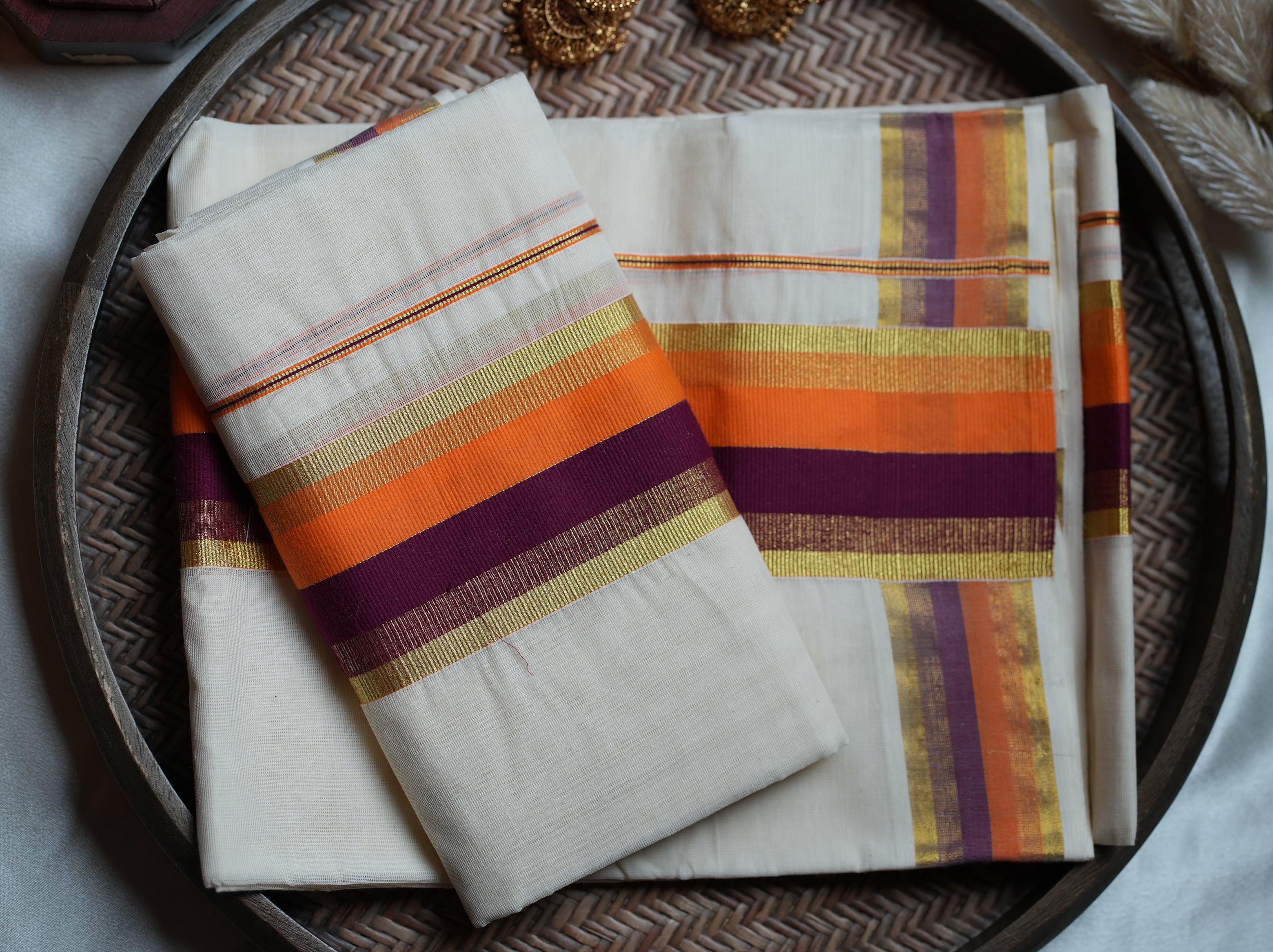 🍊 Bright Orange & Plum Kasavu Cotton Kerala Set Mundu 🌟