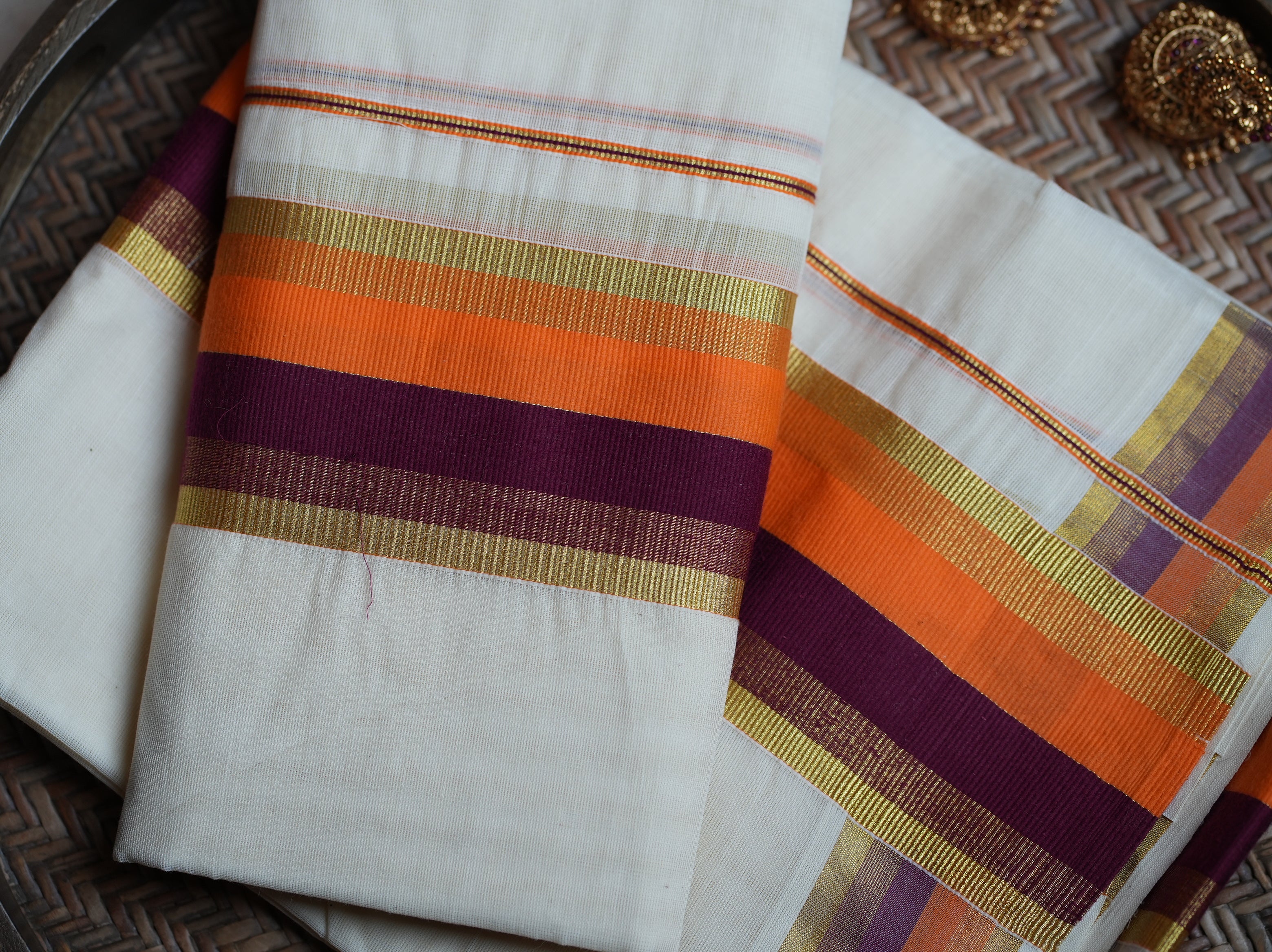🍊 Bright Orange & Plum Kasavu Cotton Kerala Set Mundu 🌟