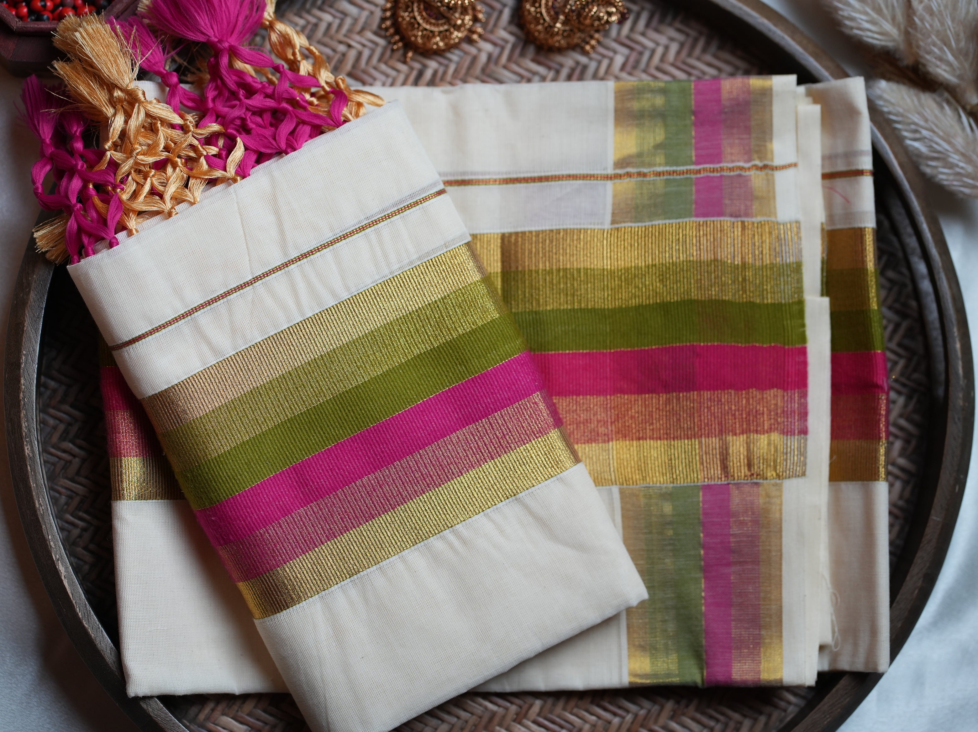 🌺 Magenta & Olive Green Stripe Cotton Kerala Set Mundu 🌟