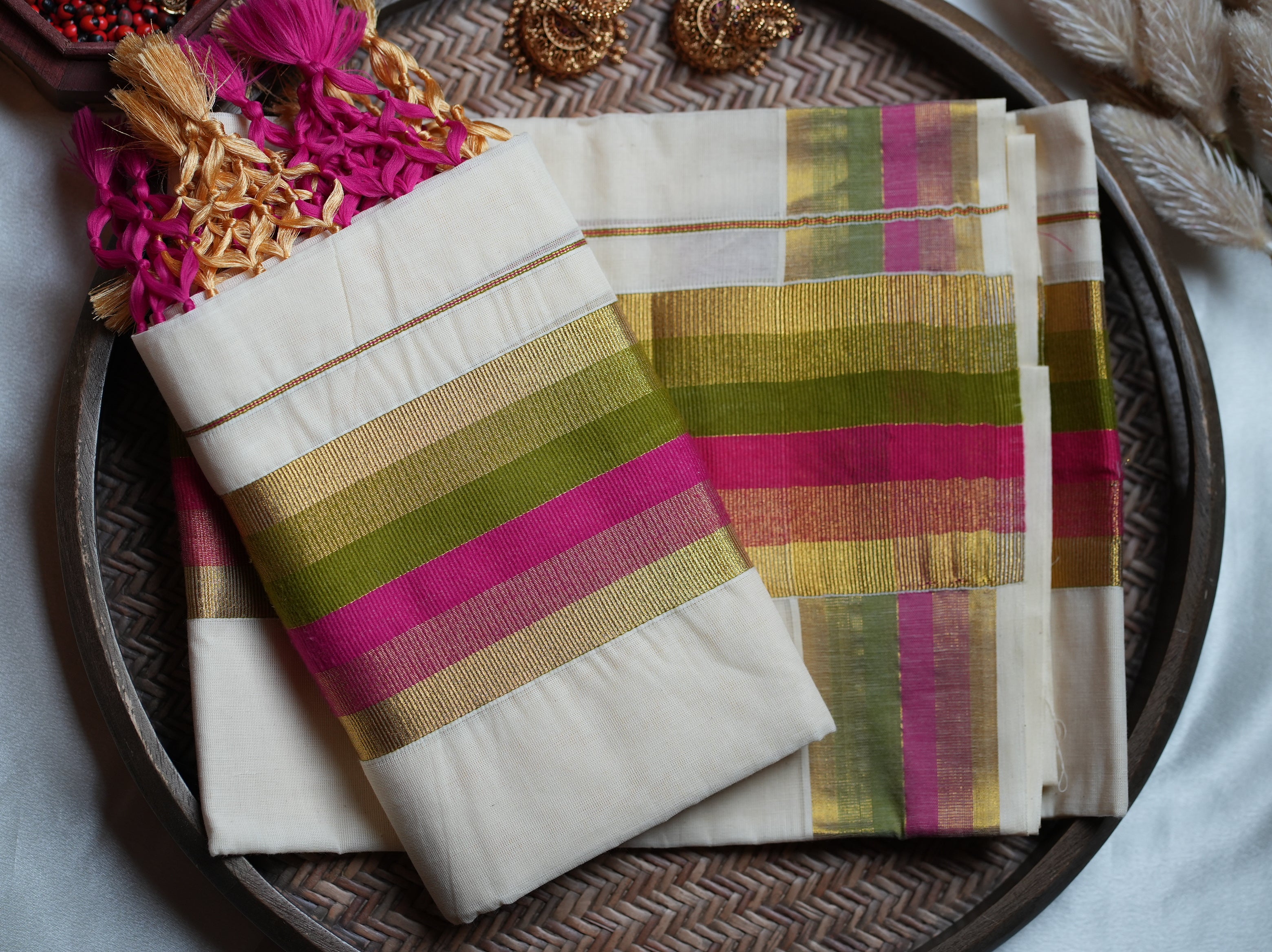 🌺 Magenta & Olive Green Stripe Cotton Kerala Set Mundu 🌟