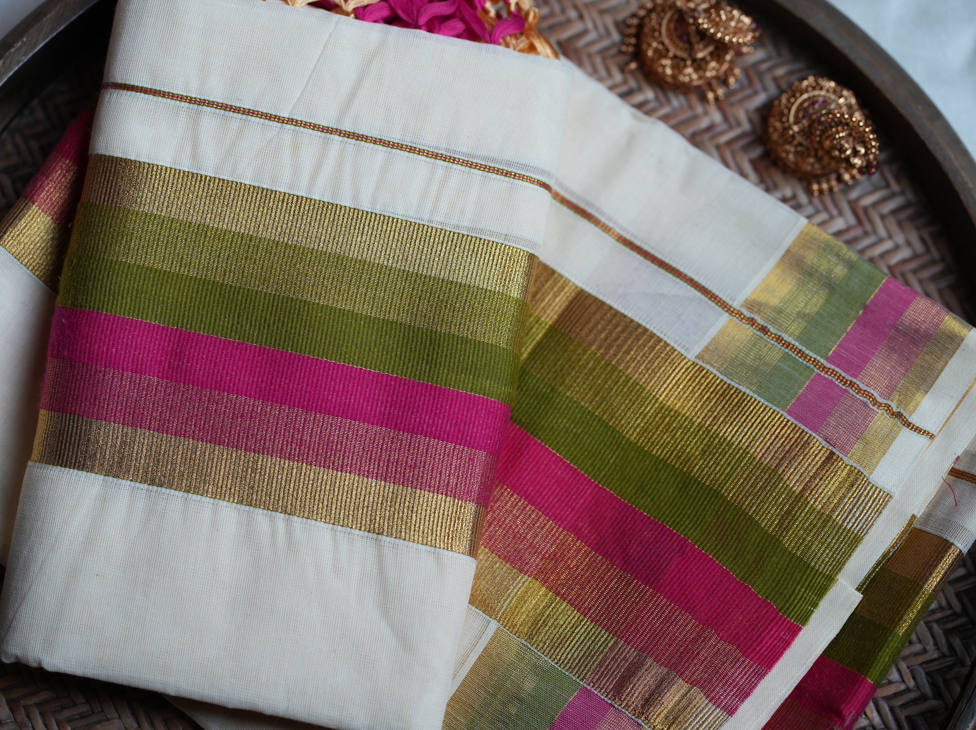 🌺 Magenta & Olive Green Stripe Cotton Kerala Set Mundu 🌟
