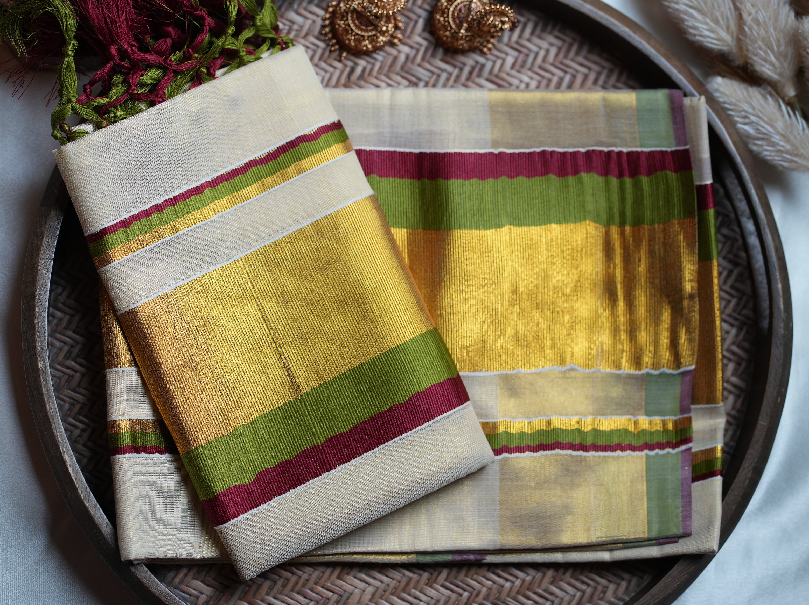 💫 Olive & Maroon Stripe Tissue Kasavu Kerala Set Mundu 🌟